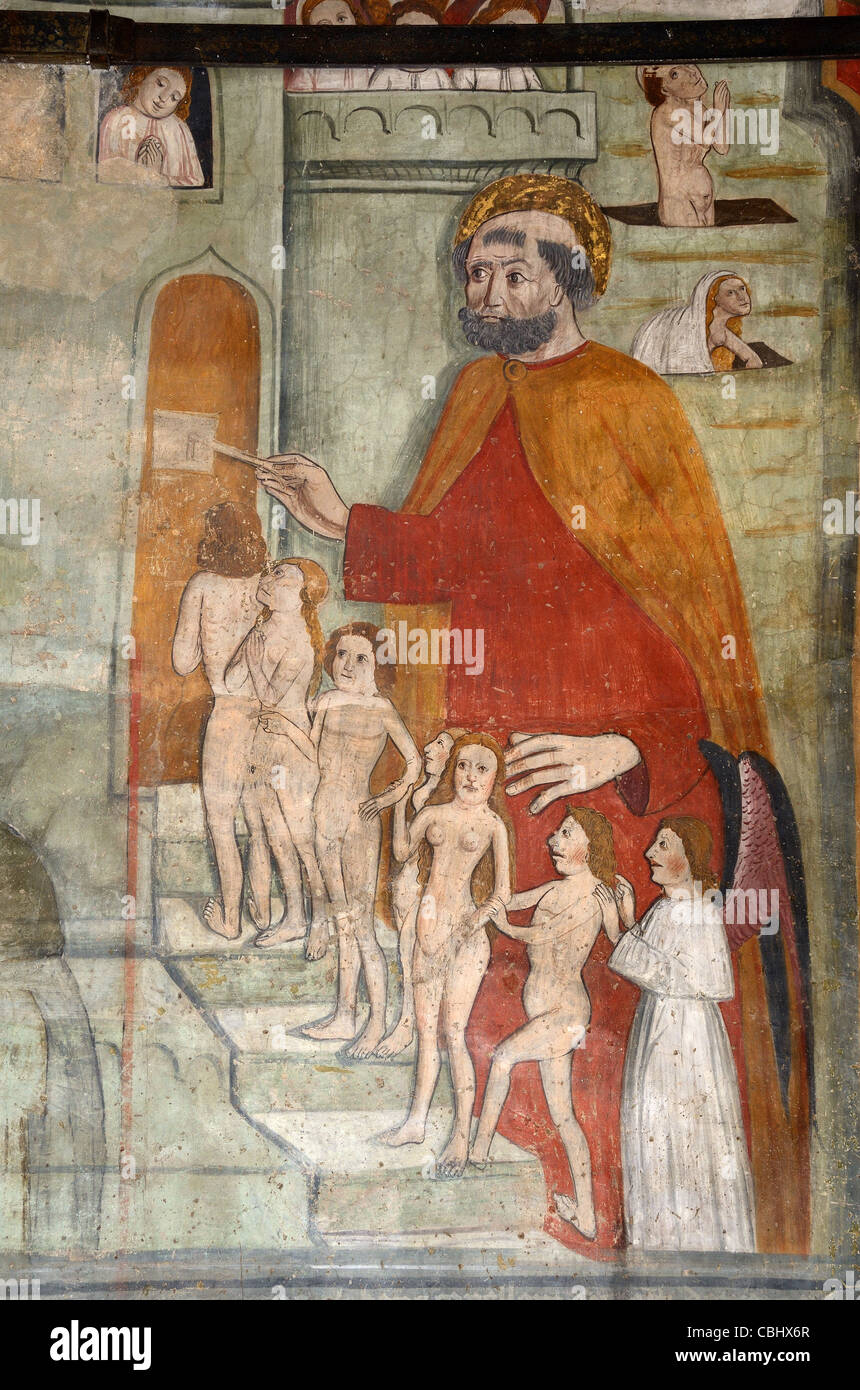 San Pietro con chiave o scalinata al cielo, fresco o pittura a muro, Cappella dei Penitenti bianchi (1492), la Tour o la Tour-sur-Tinée Valley, Francia Foto Stock