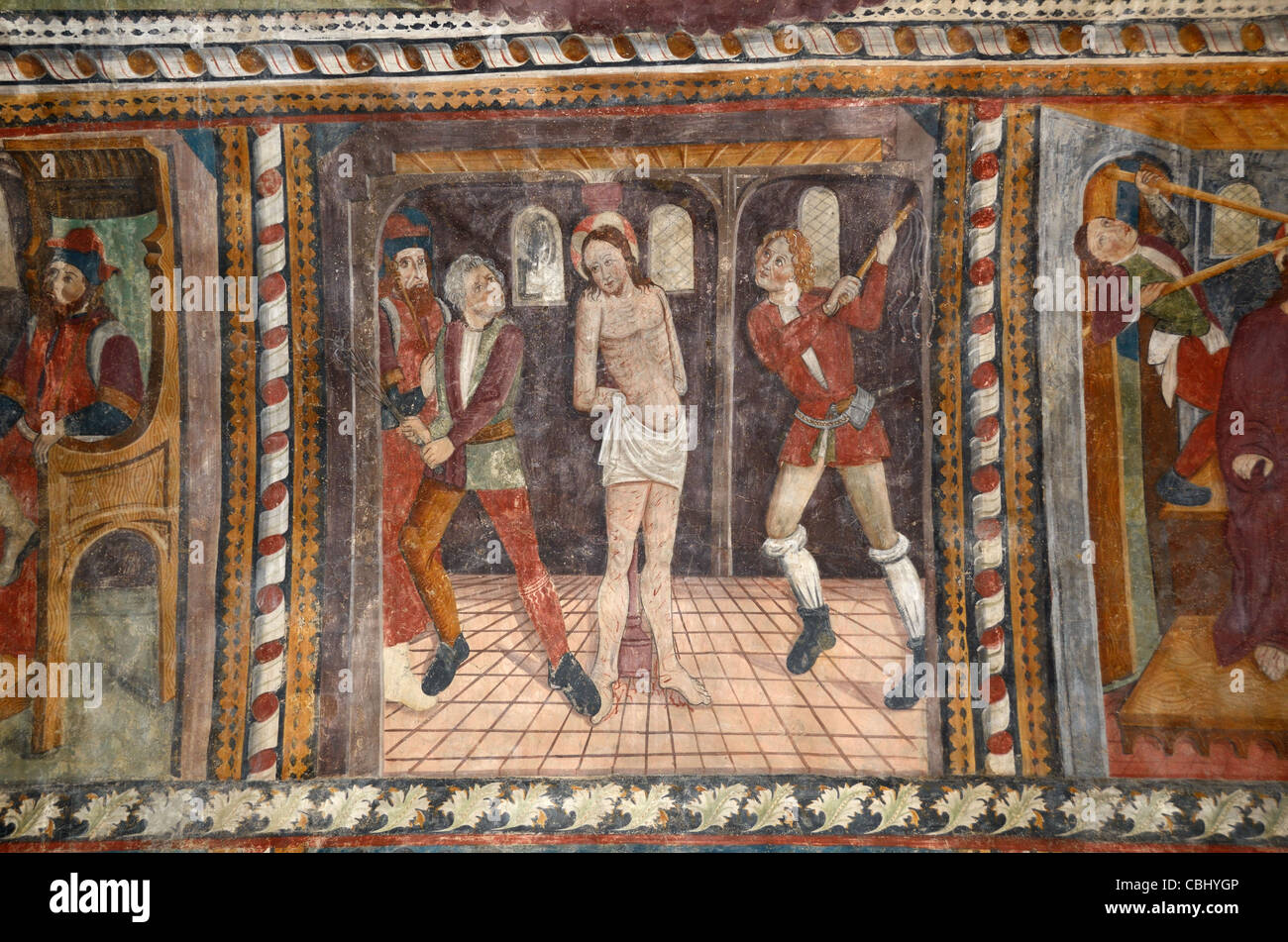 Flagellazione di Cristo, fresco o pittura a muro, Cappella dei Penitenti bianchi (1492), la Tour-sur-Tinée, Alpes-Maritimes Francez Foto Stock