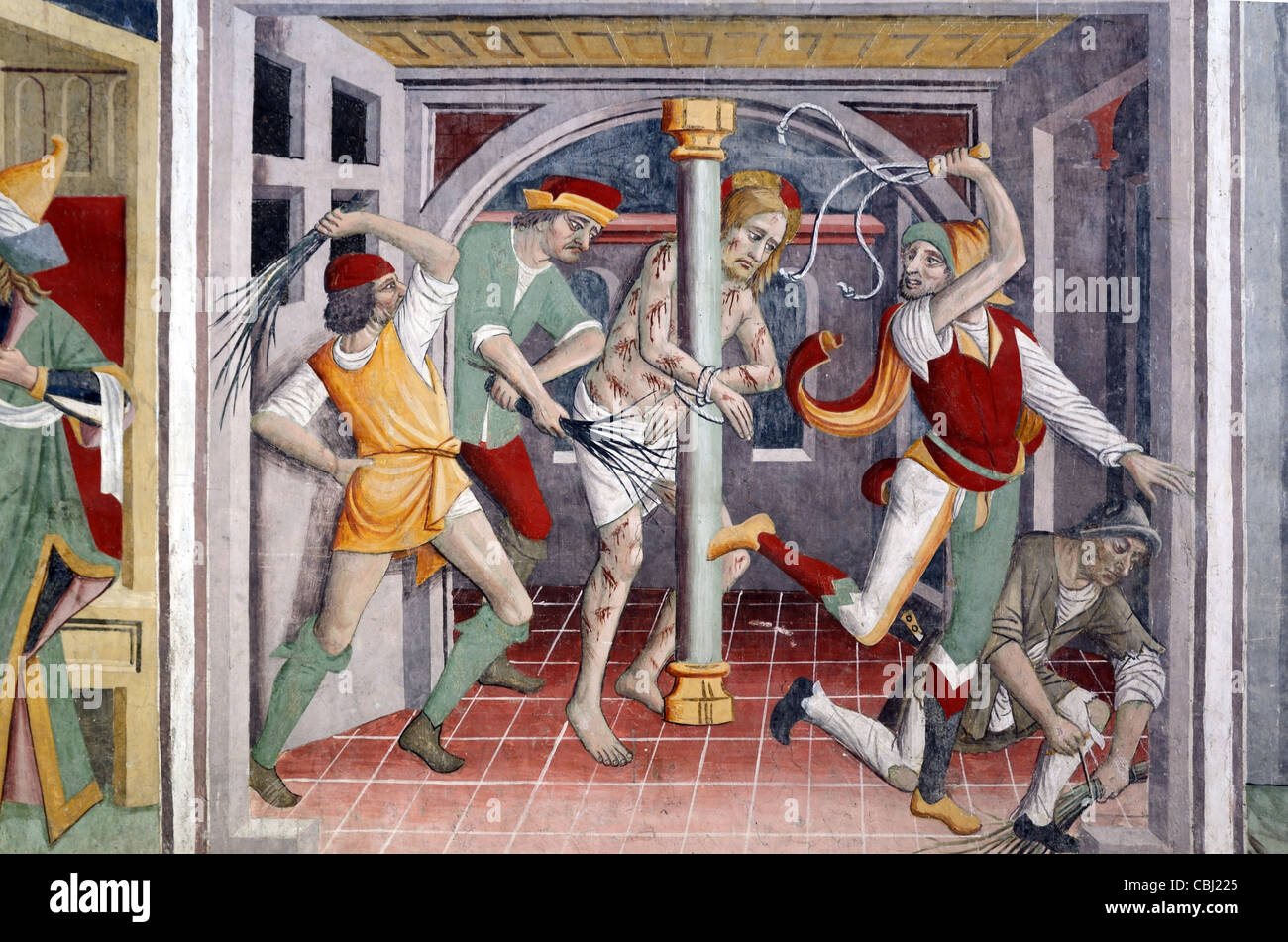 Flagellazione di Cristo degli Ebrei fresco (1492-1530) o Pittura a muro di Giovanni Canavesio, Cappella Notre-Dame des Fontaines, la Brigue, Francia Foto Stock