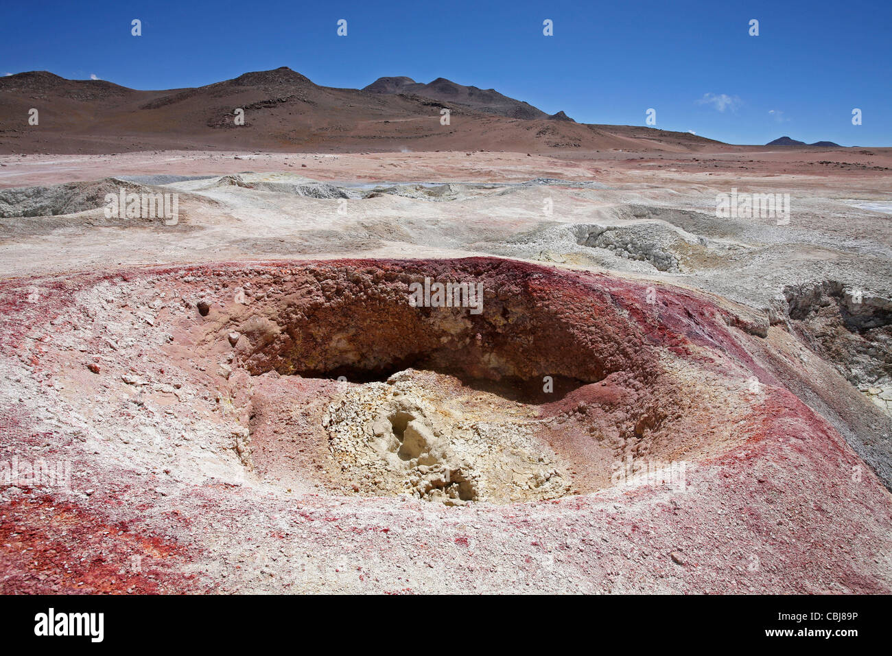 Punto di ebollizione dei laghi di fango e vapore piscine geotermiche in campo vulcanico Sol de Mañana, Altiplano, Bolivia Foto Stock