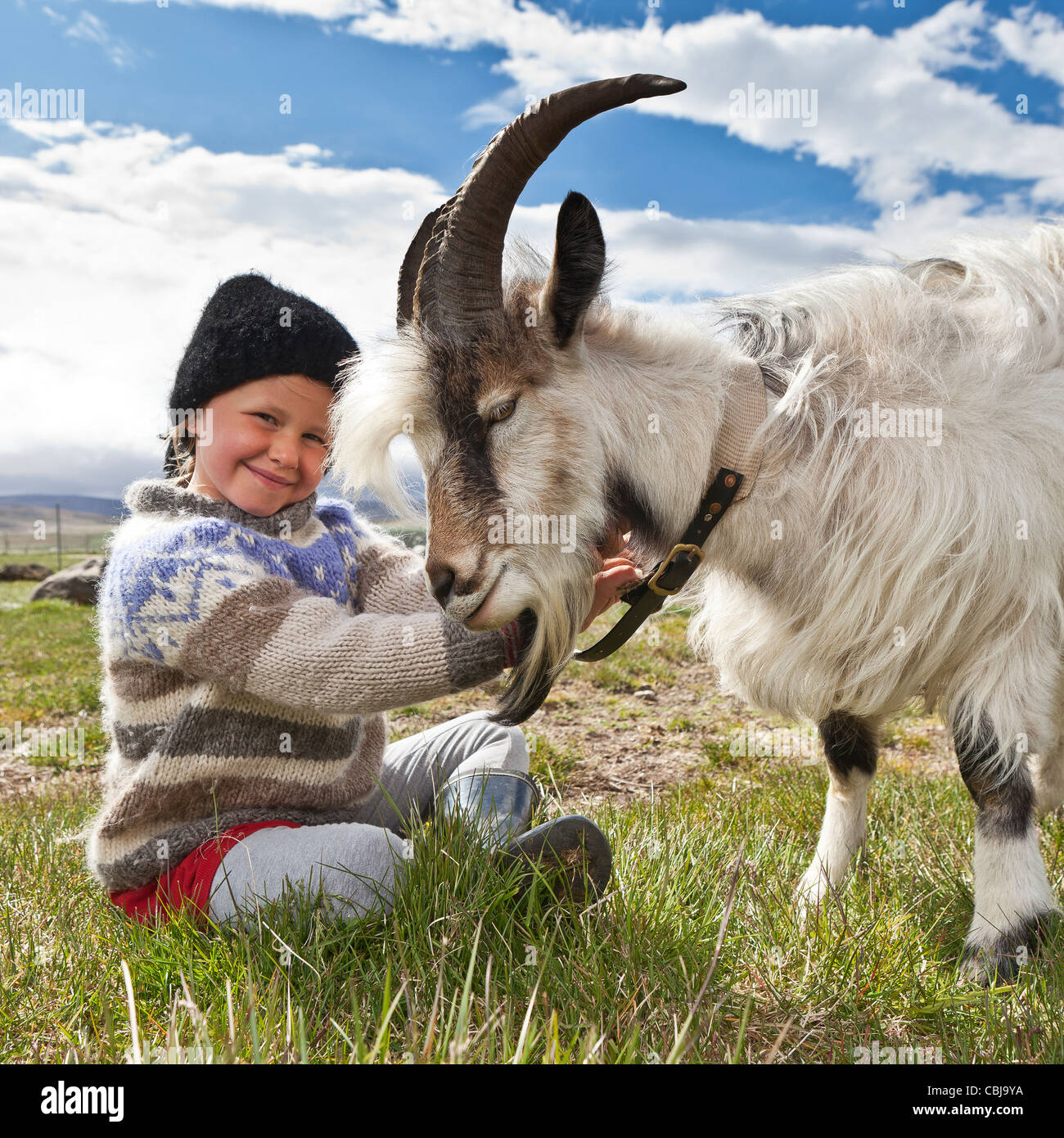 La ragazza con la capra, allevamento di capre, Islanda Foto Stock