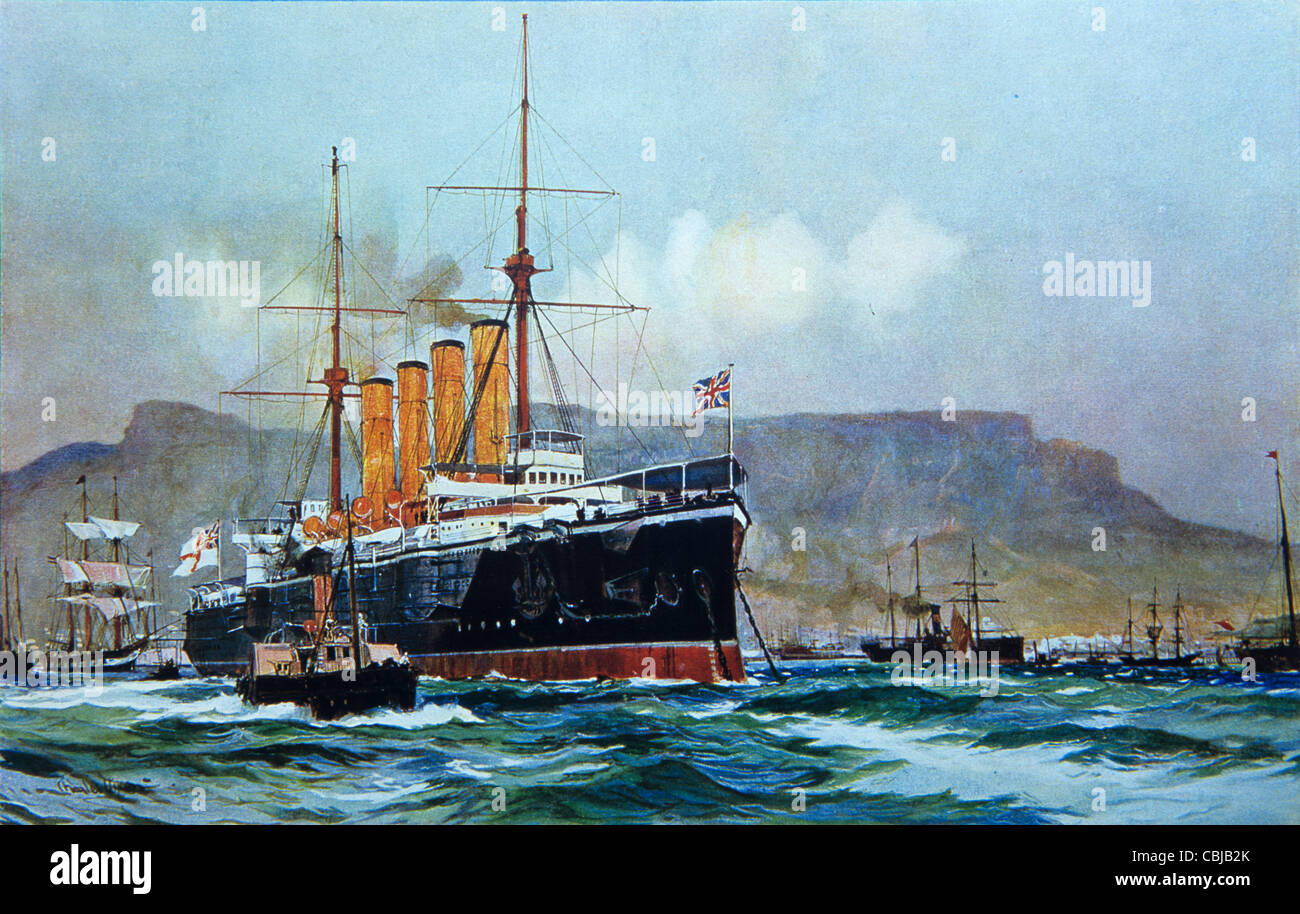 "La Buona Speranza" (1901) Incrociatore Corazzato o nave da guerra, British Royal Navy, Table Bay, Sud Africa. Dipinto di Charles Dixon(1901) Foto Stock
