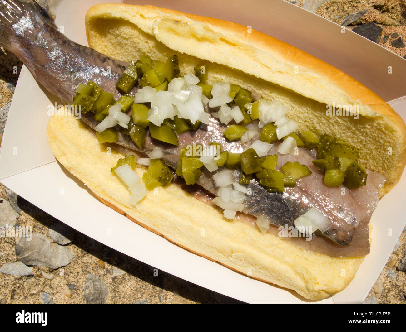 Sandwich di aringhe da Russ e figlie al nuovo mercato di Amsterdam, NYC Foto Stock