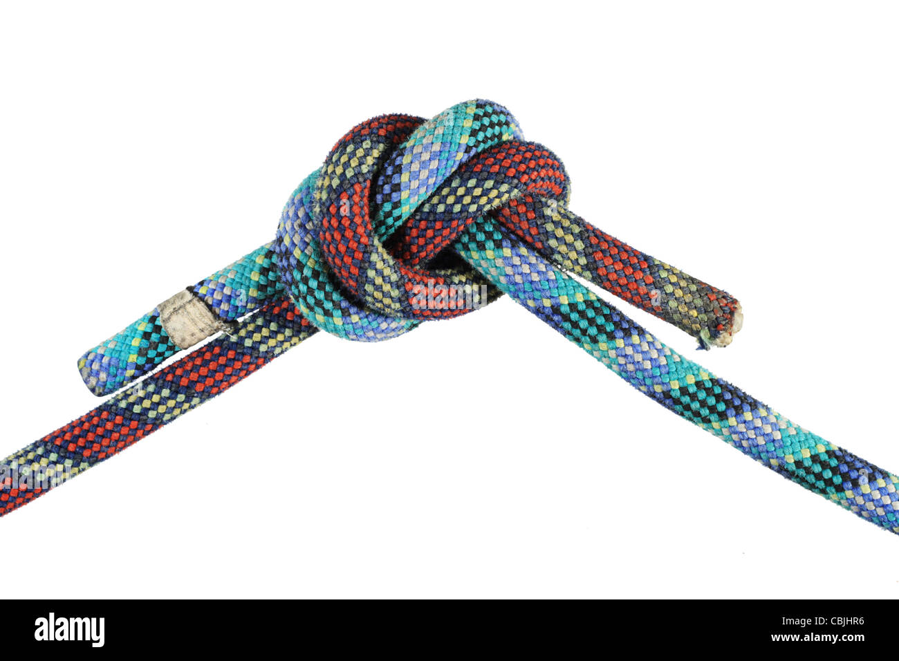 Overhand knot in rosso e blu arrampicarsi sulle funi isolato su bianco Foto Stock