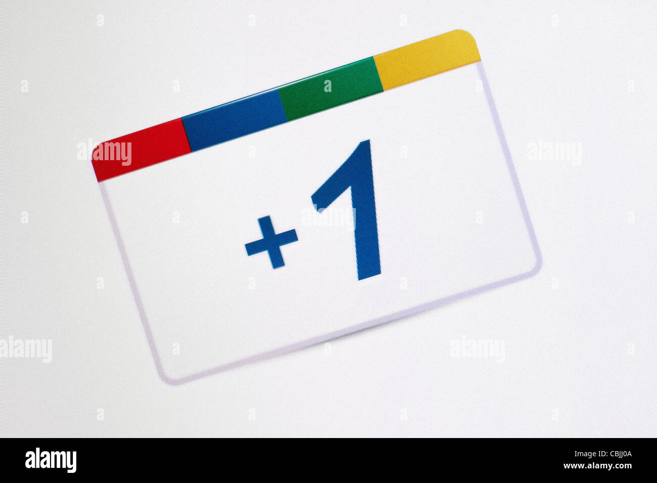 Kiev, Ucraina - 8 Dicembre 2011: Closeup colpo di Google +1 sociale logo del pulsante su schermo di un monitor. Foto Stock