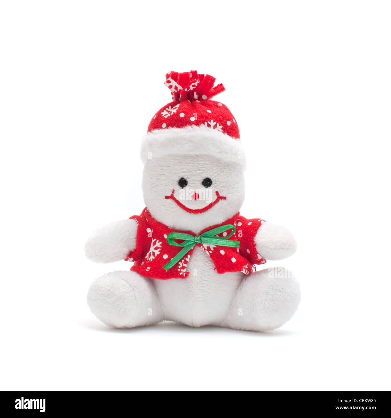Pupazzo di neve sorridente toy vestito con sciarpa e cappuccio Foto Stock