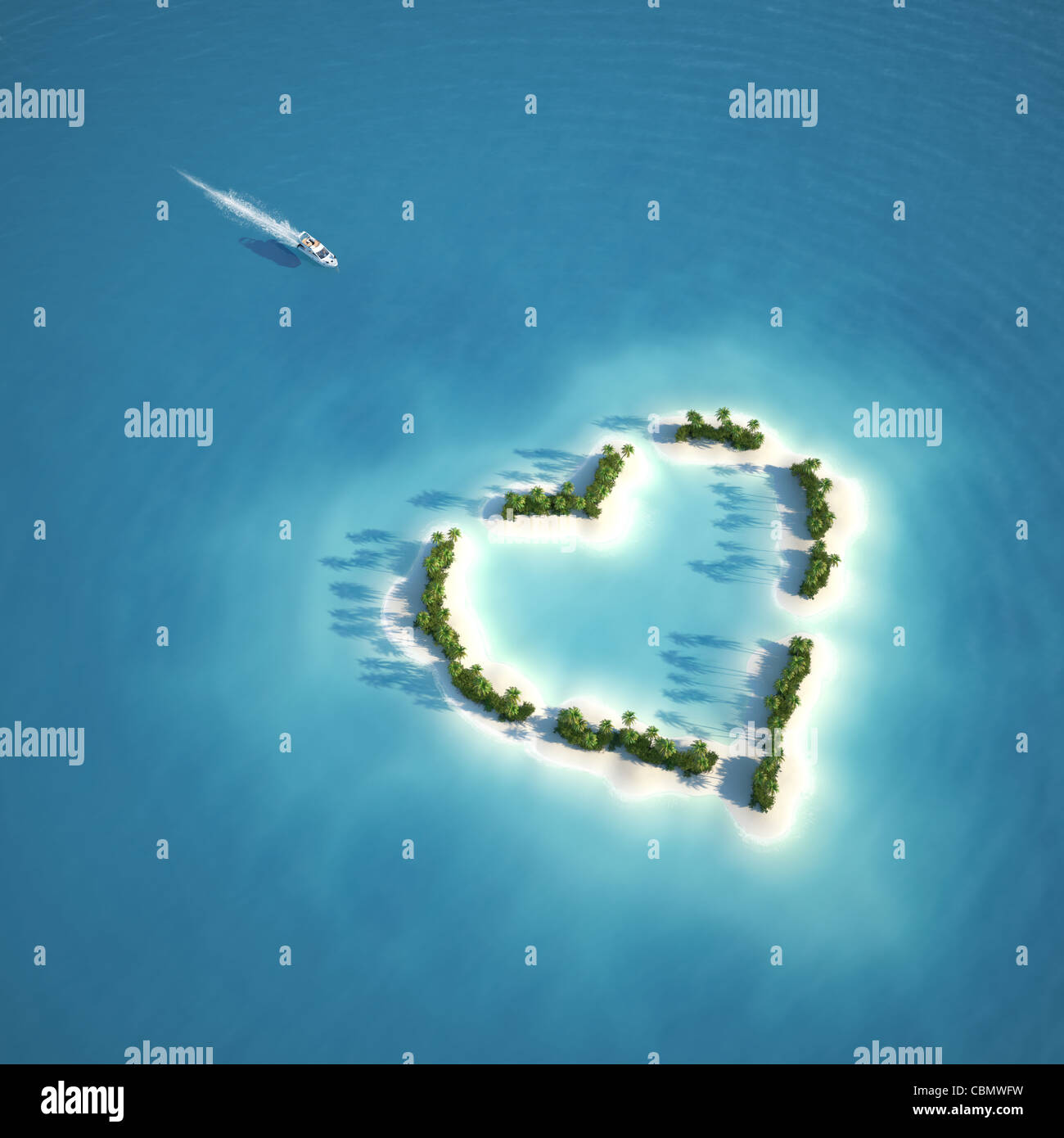 La voce di yacht a a forma di cuore ad isola vista dal concetto di aria per una vacanza romantica o di san valentino Foto Stock