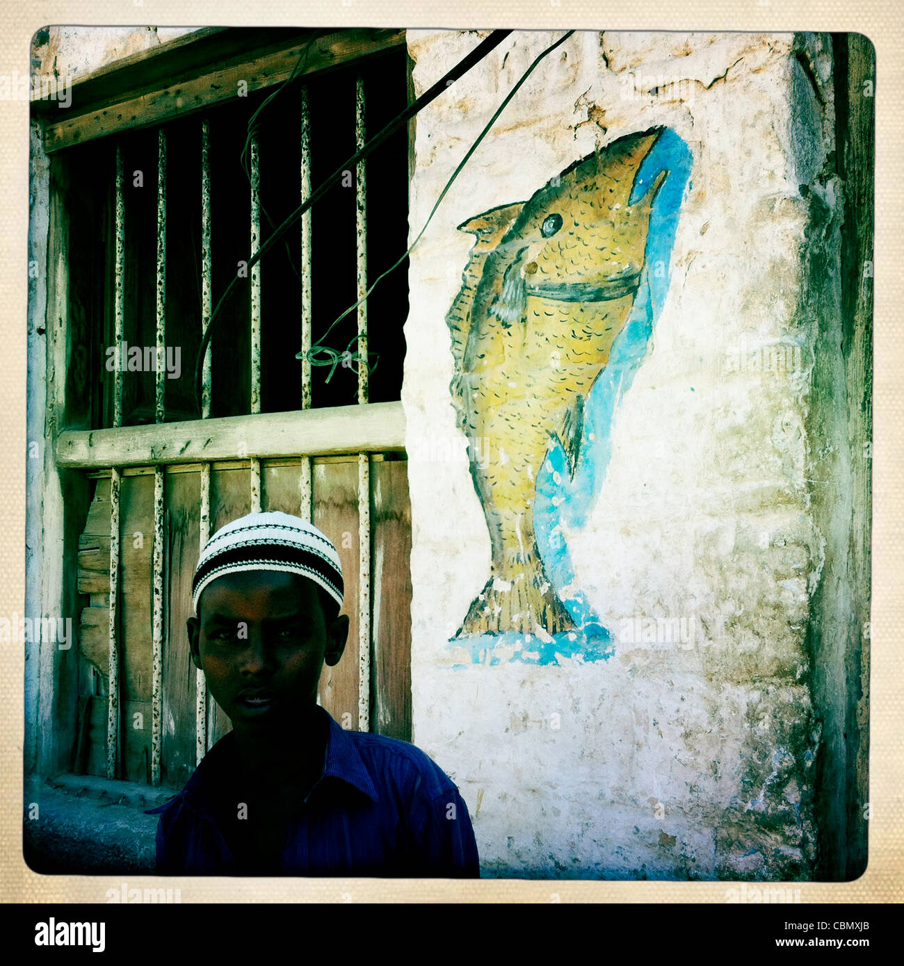 Pesce Cannery Ritratto di giovane ragazzo vicino al porto di Berbera Somaliland Foto Stock