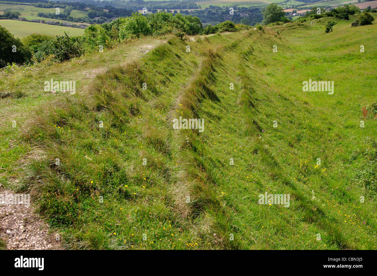 Hod Hill antica hillfort, Dorset, Regno Unito Agosto 2011 Foto Stock
