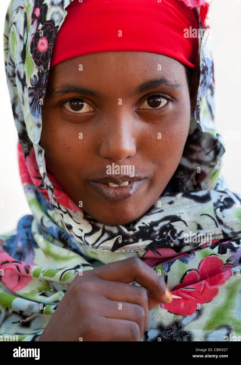 Ritratto di graziosi motivi floreali velati di giovane donna Baligubadle Somaliland Foto Stock
