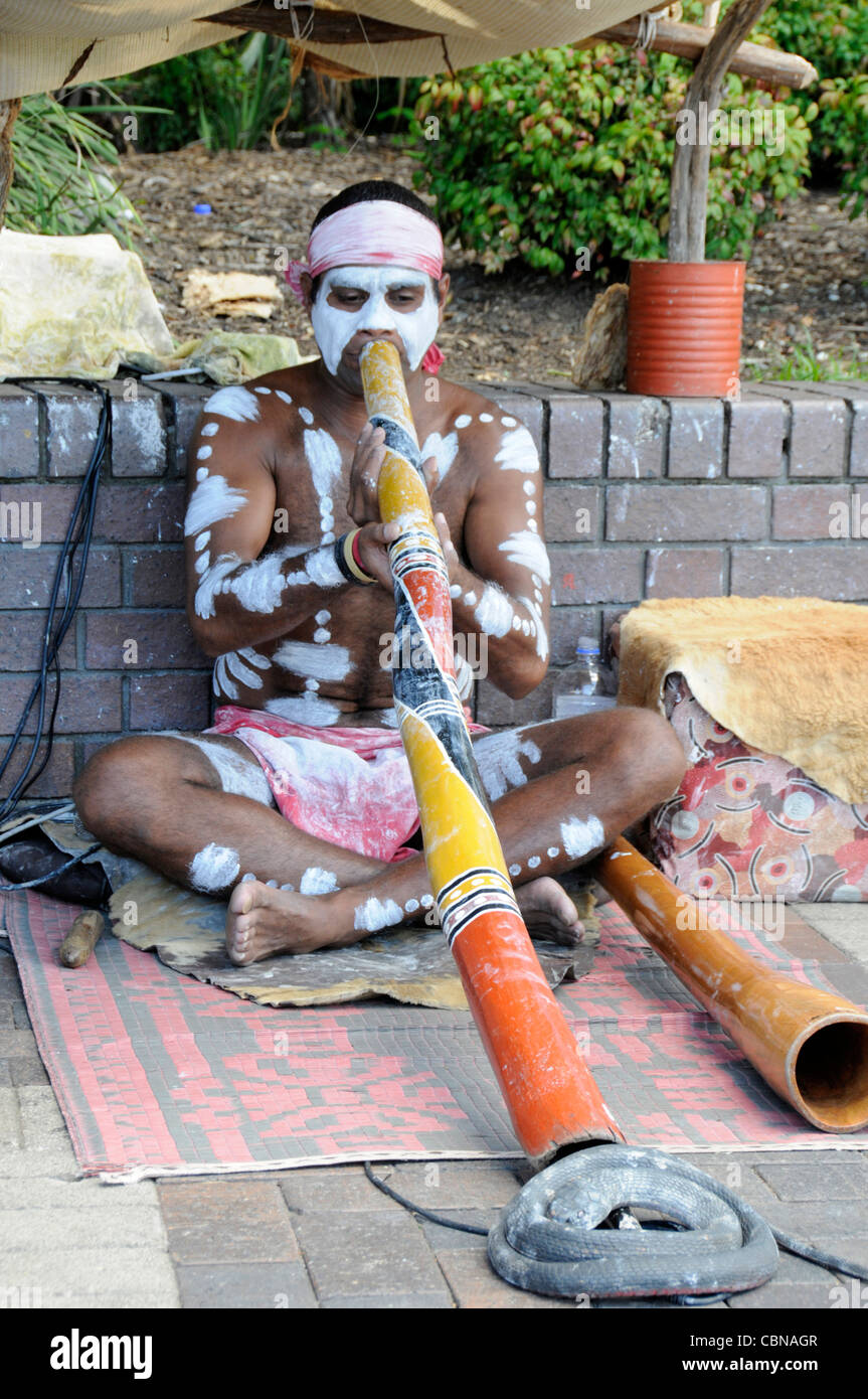 Un suonatore ambulante aborigena a giocare il suo didgeridoo al suo snake come attrazione turistica sul Circular Quay a Sydney in Australia Foto Stock