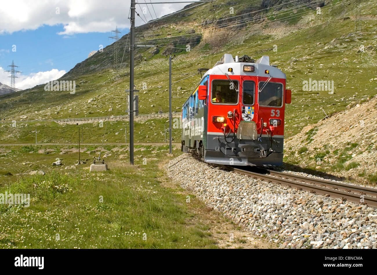 Treno alpino in un paesaggio montano al Lago Bianco, Passo Bernina, Grigioni, Svizzera in estate Foto Stock