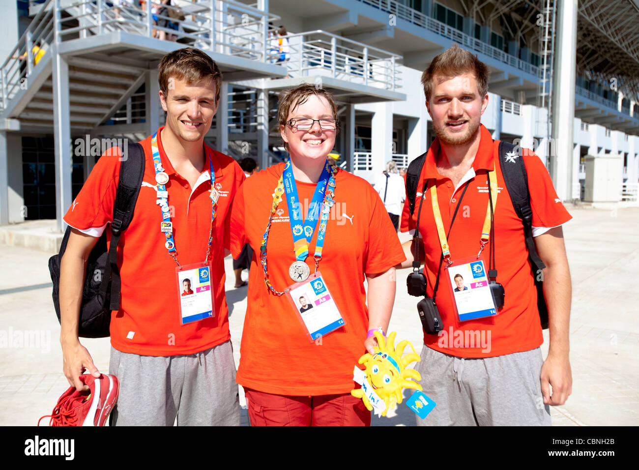 Special Olympics World Summer Games ad Atene; 2011 --- tre atleti di nuoto dalla Danimarca Foto Stock