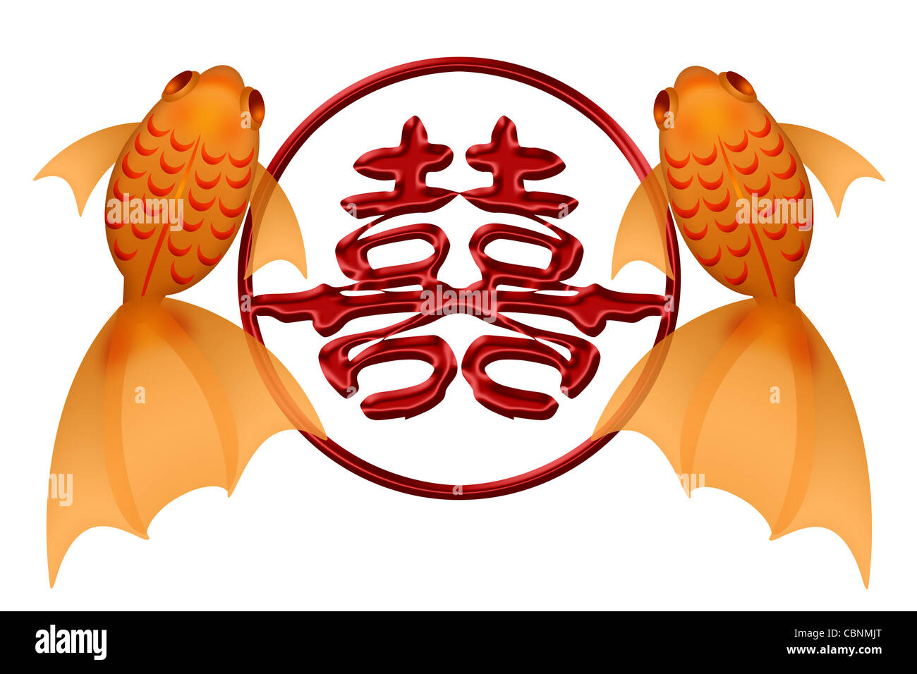 Goldfish coppia con doppia felicità simbolo cinese nell'Eternità cerchio illustrazione Foto Stock