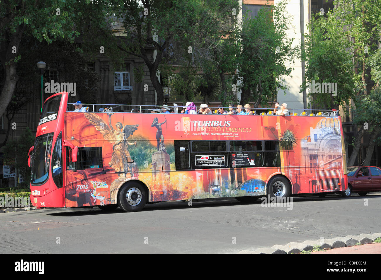 Doubledecker tour bus, Colonia Roma, quartiere alla moda, Città del Messico, Messico, America del Nord Foto Stock