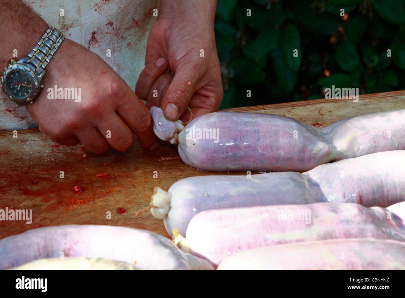 Il connazionale riempimento intestini di maiale con la carne di suolo e spezie per fare le salsicce, mano dettaglio, ho Foto Stock