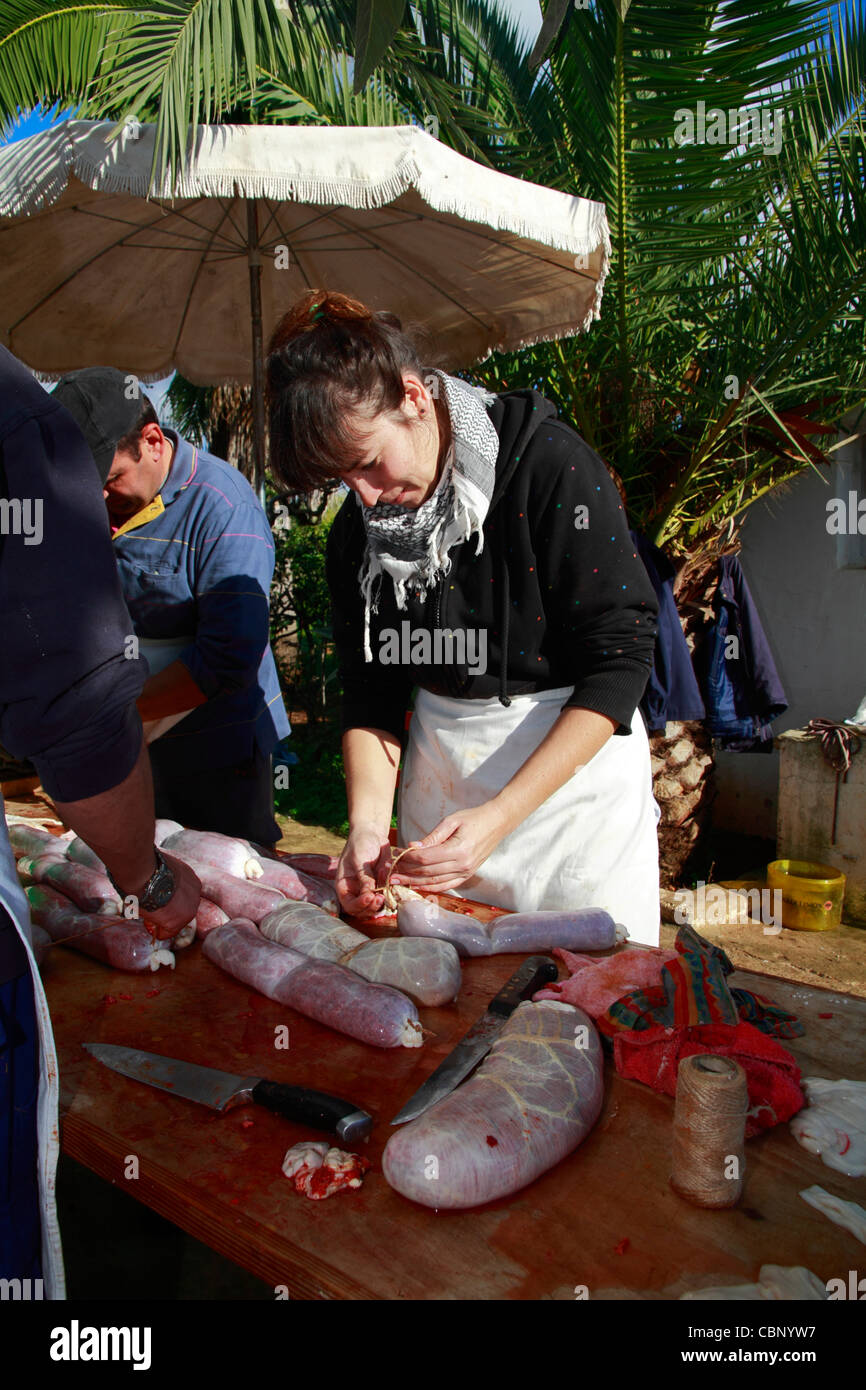 Compatrioti di riempimento intestini di maiale con la carne di suolo e spezie per fare le salsicce Foto Stock