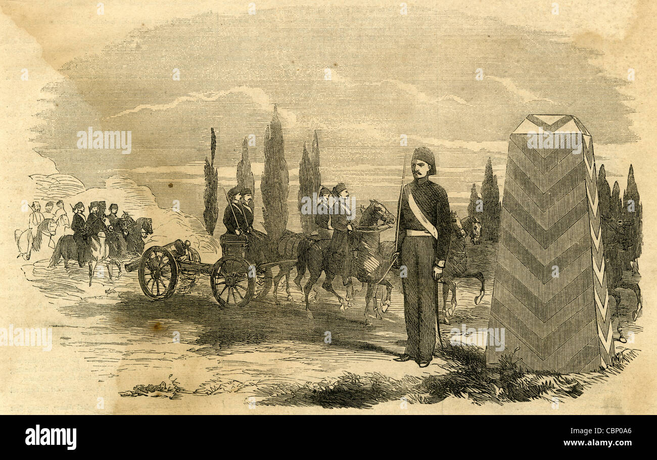1854 incisione, artiglieria turca in marzo. Foto Stock
