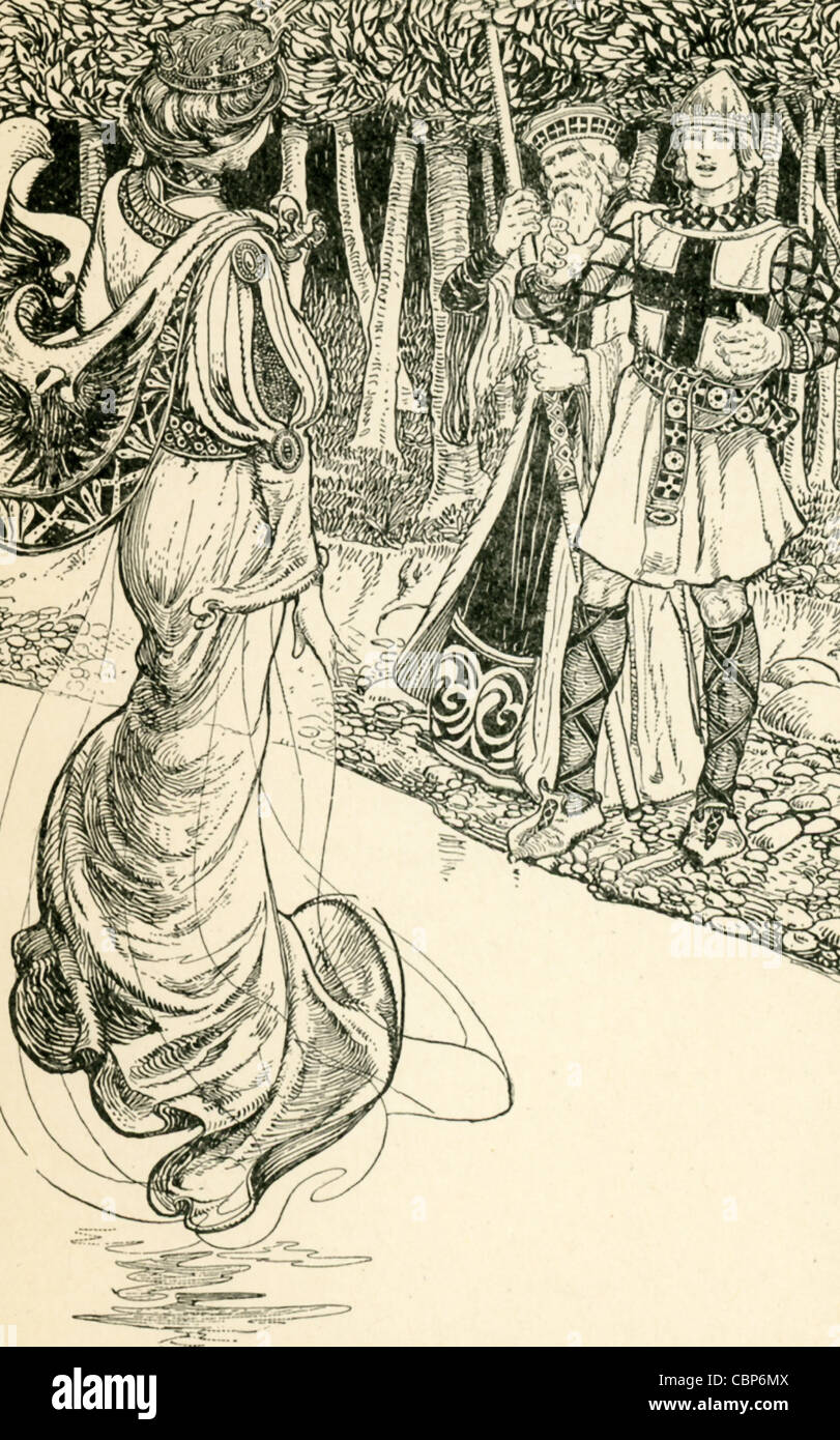 Arthur vede la misteriosa signora del lago, che gli conferisce la sua spada Excalibur. Disegni Arthur è la procedura guidata Merlin. Foto Stock