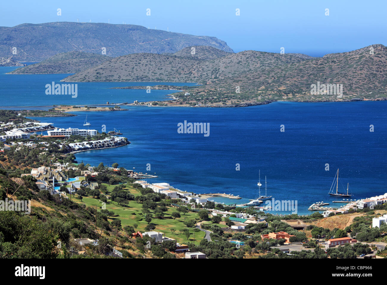 Poros Bay, Elounda, provincia di Lasithi, Creta, Grecia Foto Stock