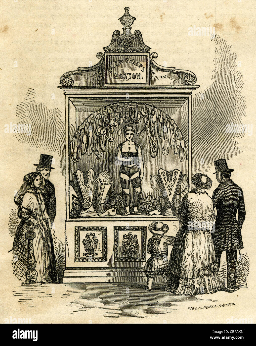 1854 incisione, il Dott. J.W. Phelp il contributo al Crystal Palace, mostrando anatomica e invenzioni chirurgica in medicina. Foto Stock