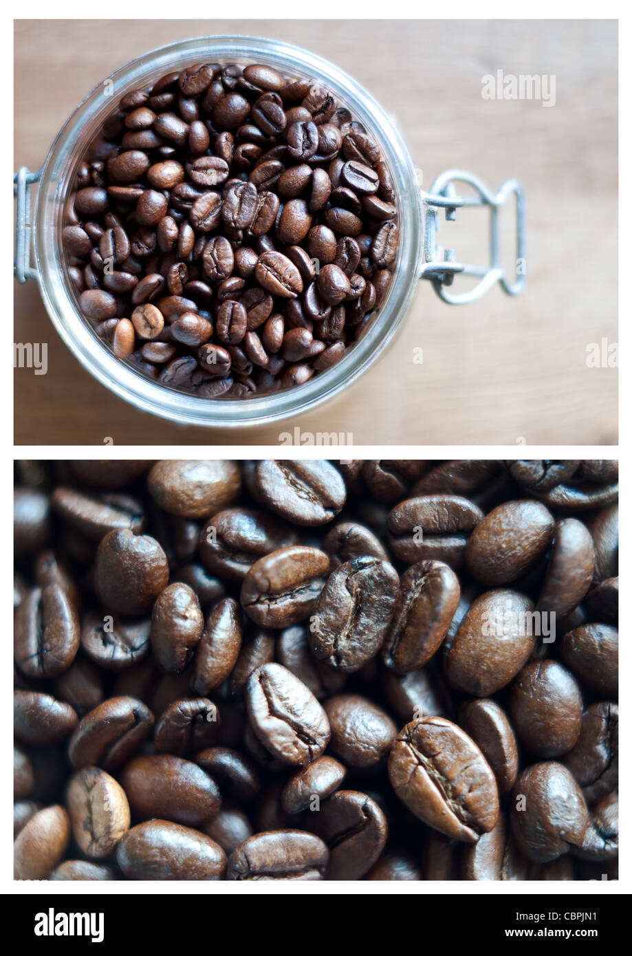 Collage di foto di caffè con ingrandimento di scuro e ricco di caffè in grani e i fagioli in un vasetto di vetro Foto Stock
