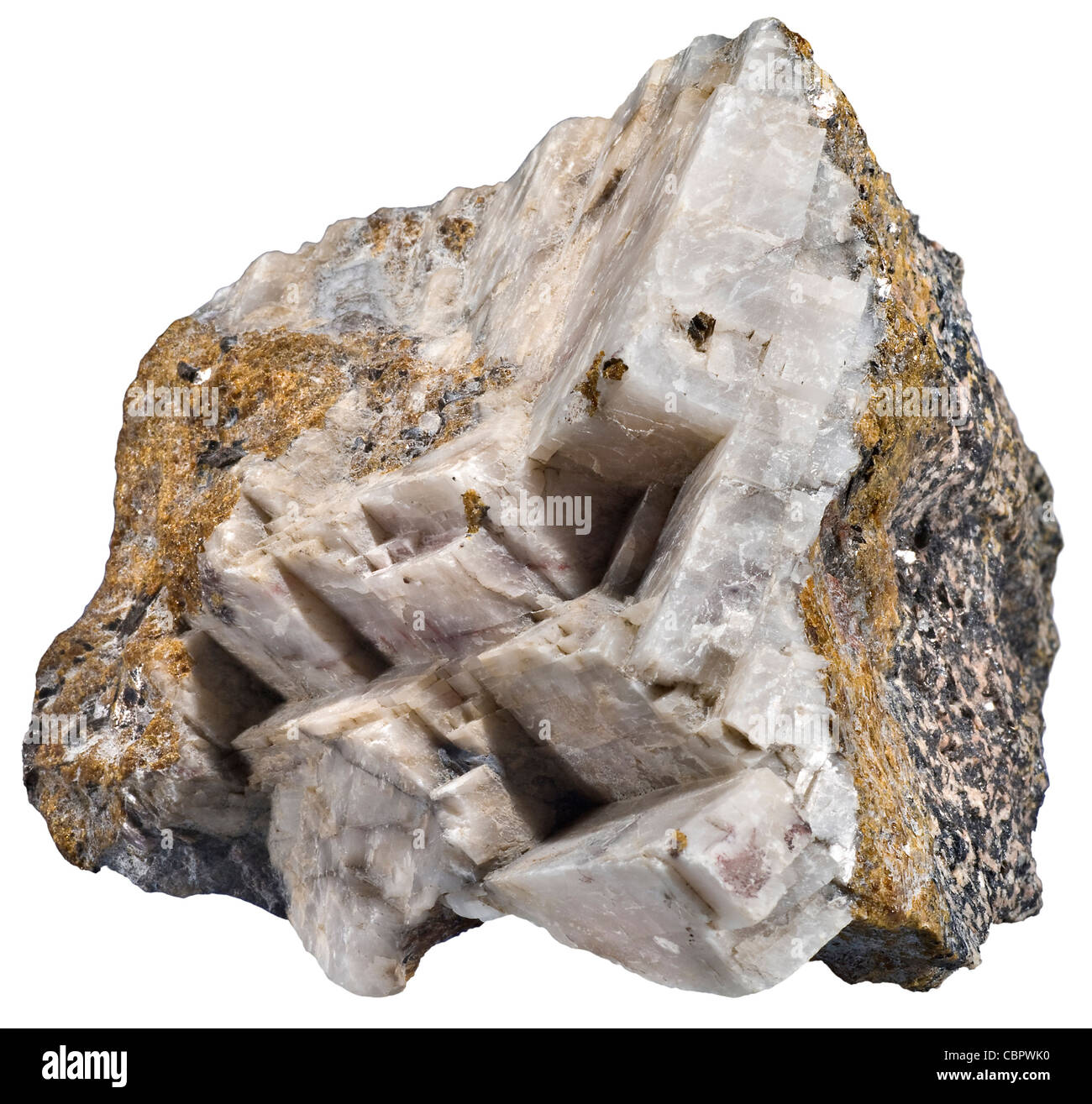 Calcite & Willemite in luce bianca, dump di grano saraceno, Franklin, NJ Foto Stock