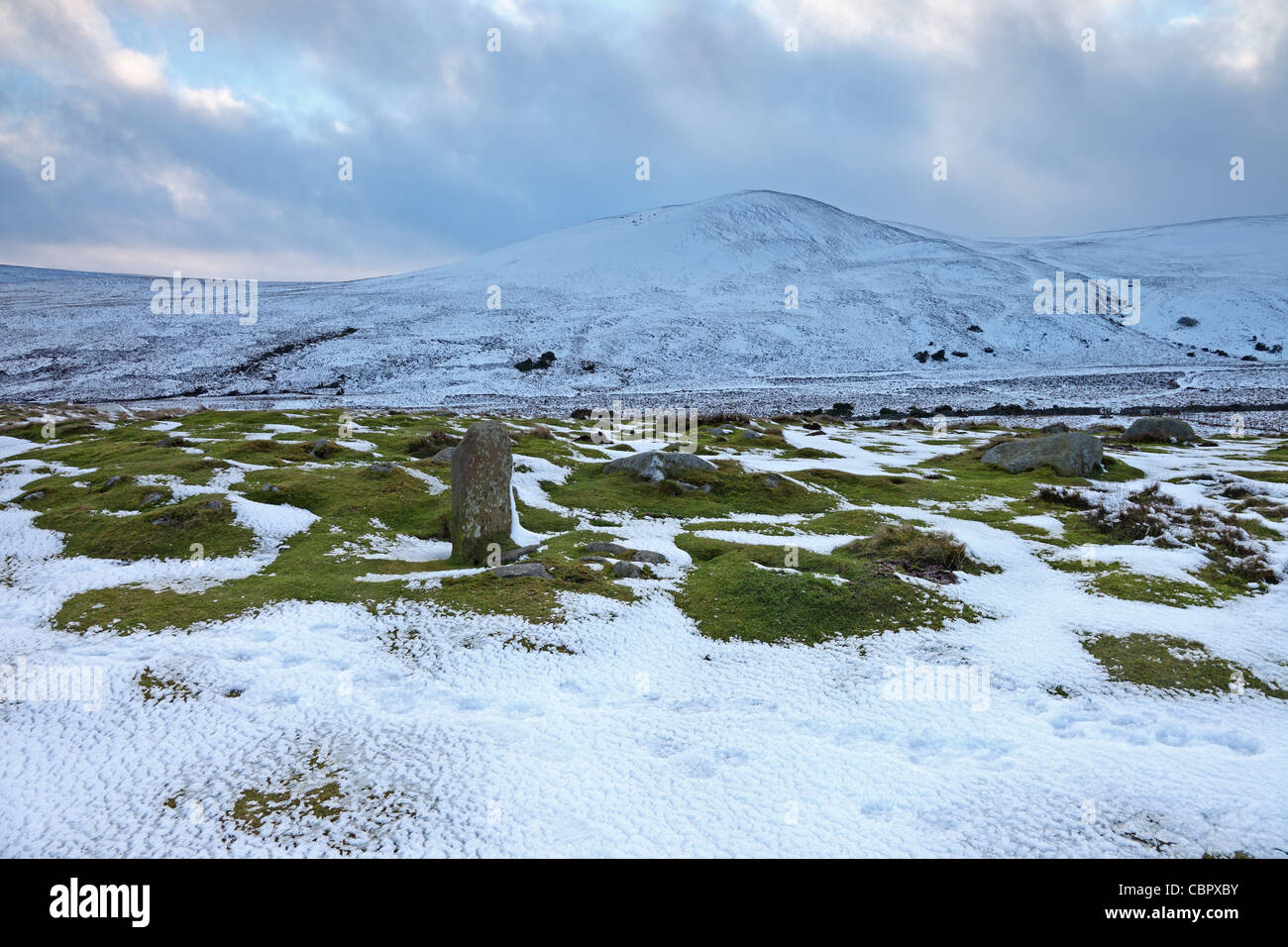 Pennine Way sentiero marcatore sulla pietra Bracken Rigg con una coperta di neve mezzogiorno collina alle spalle di Teesdale superiore County Durham Regno Unito Foto Stock