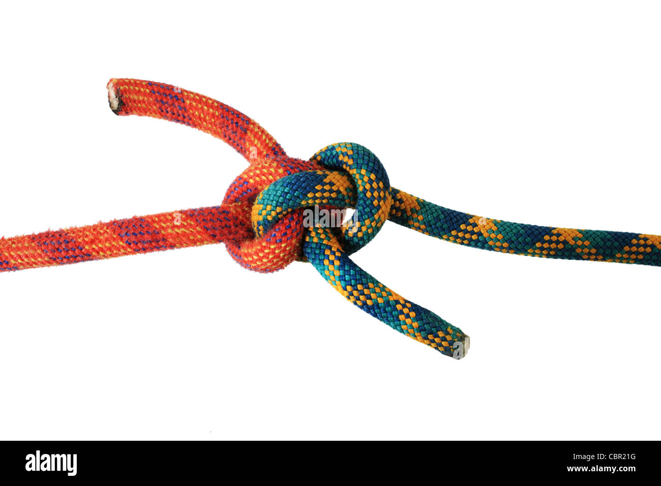 Zeppelin knot in rosso e verde di arrampicarsi sulle funi isolato su bianco Foto Stock
