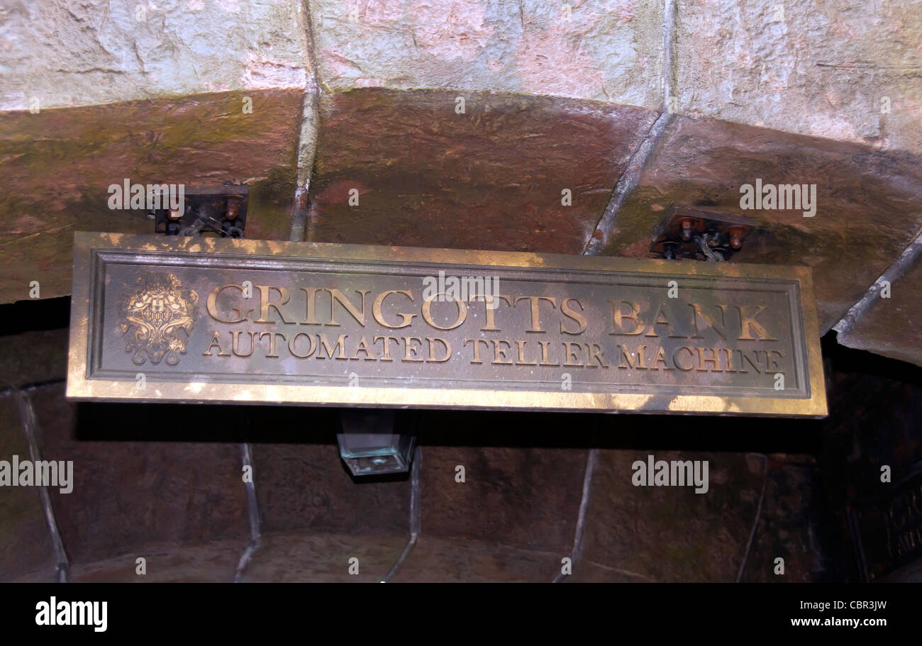 Banca Gringotts segno ATM al mondo di Wizarding di Harry Potter a Universal Orlando Resort Foto Stock