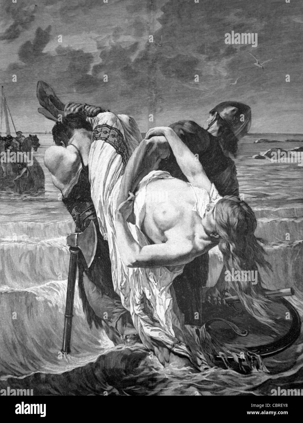 I pirati normanni del nono secolo rapiscono le donne come bottino di guerra, c19 incisione o illustrazione d'epoca Foto Stock