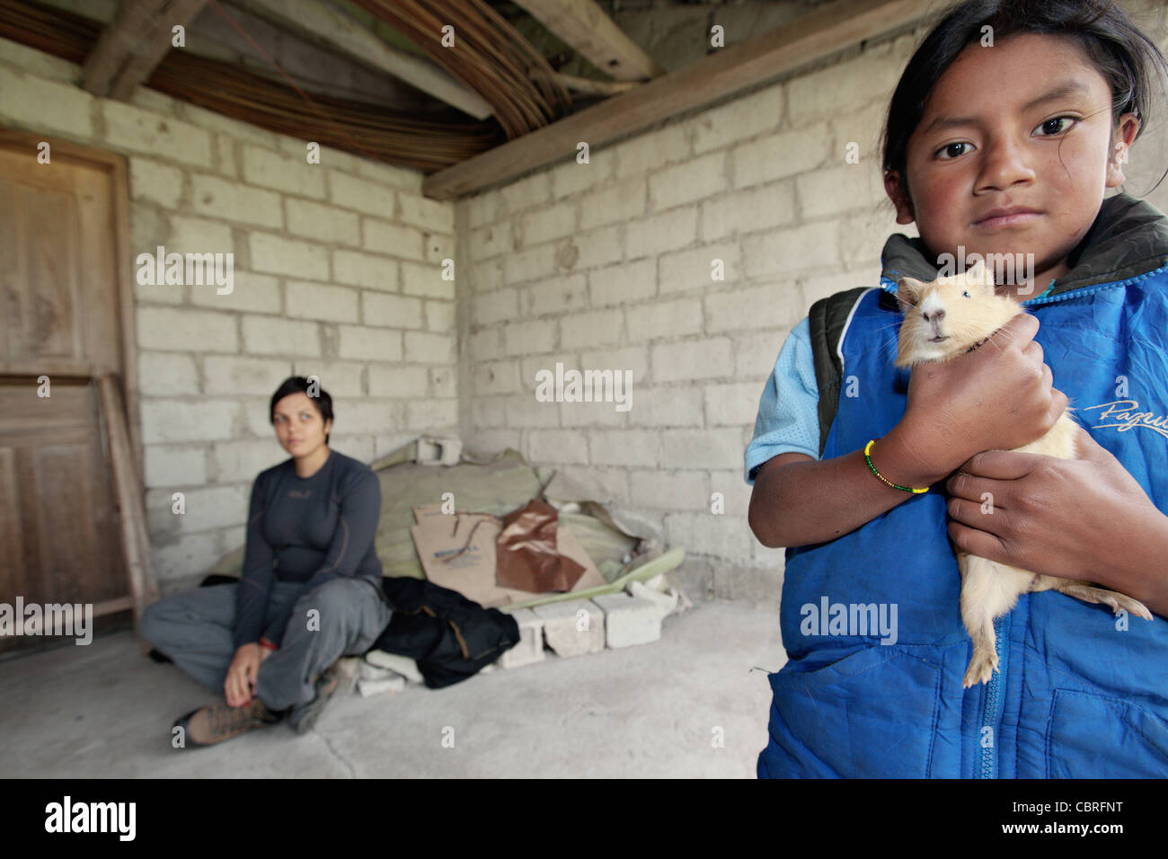 Ragazza turistico è di circa di sperimentare il tradizionale sessione di guarigione con una cavia in un villaggio vicino a Otavalo, Ecuador. Foto Stock