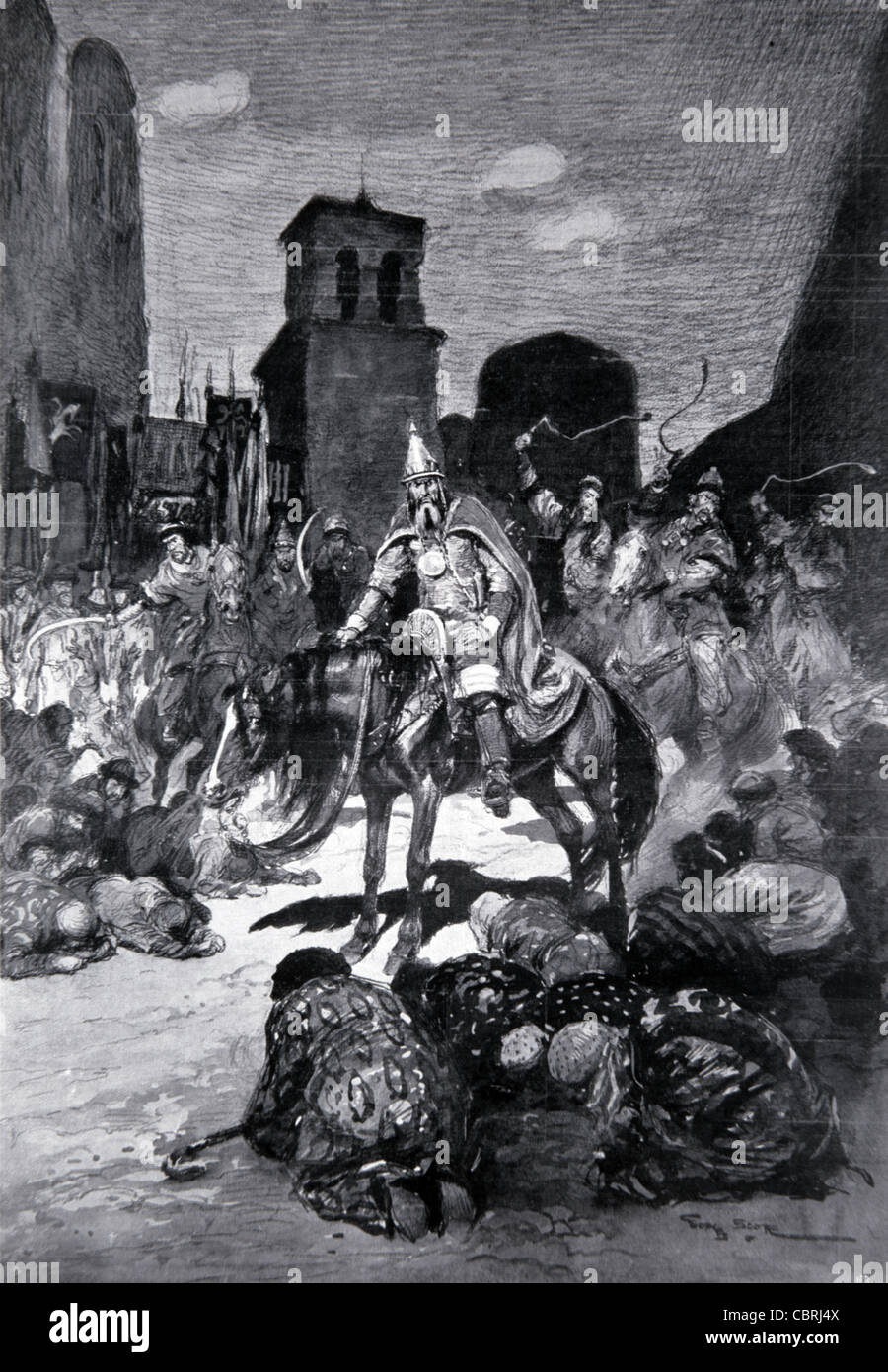 Ivan il terribile, Ivan IV Vasilyevich, Granduca o Principe di Mosca uno zar di Russia entrando in Pskov Russia. Illustrazione o incisione vintage Foto Stock
