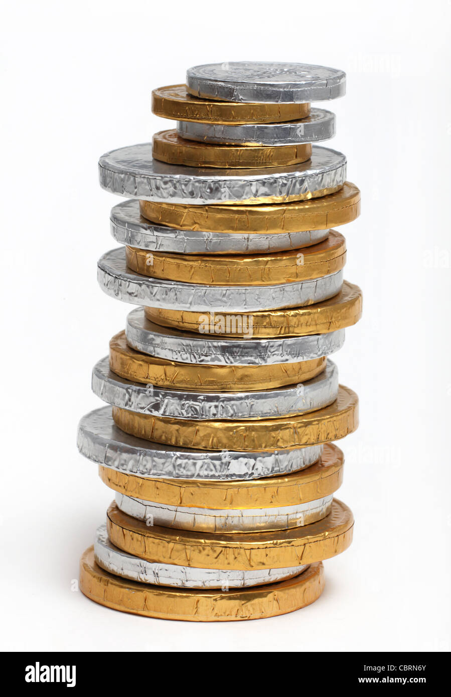 Una torre di monete di cioccolato. Foto Stock