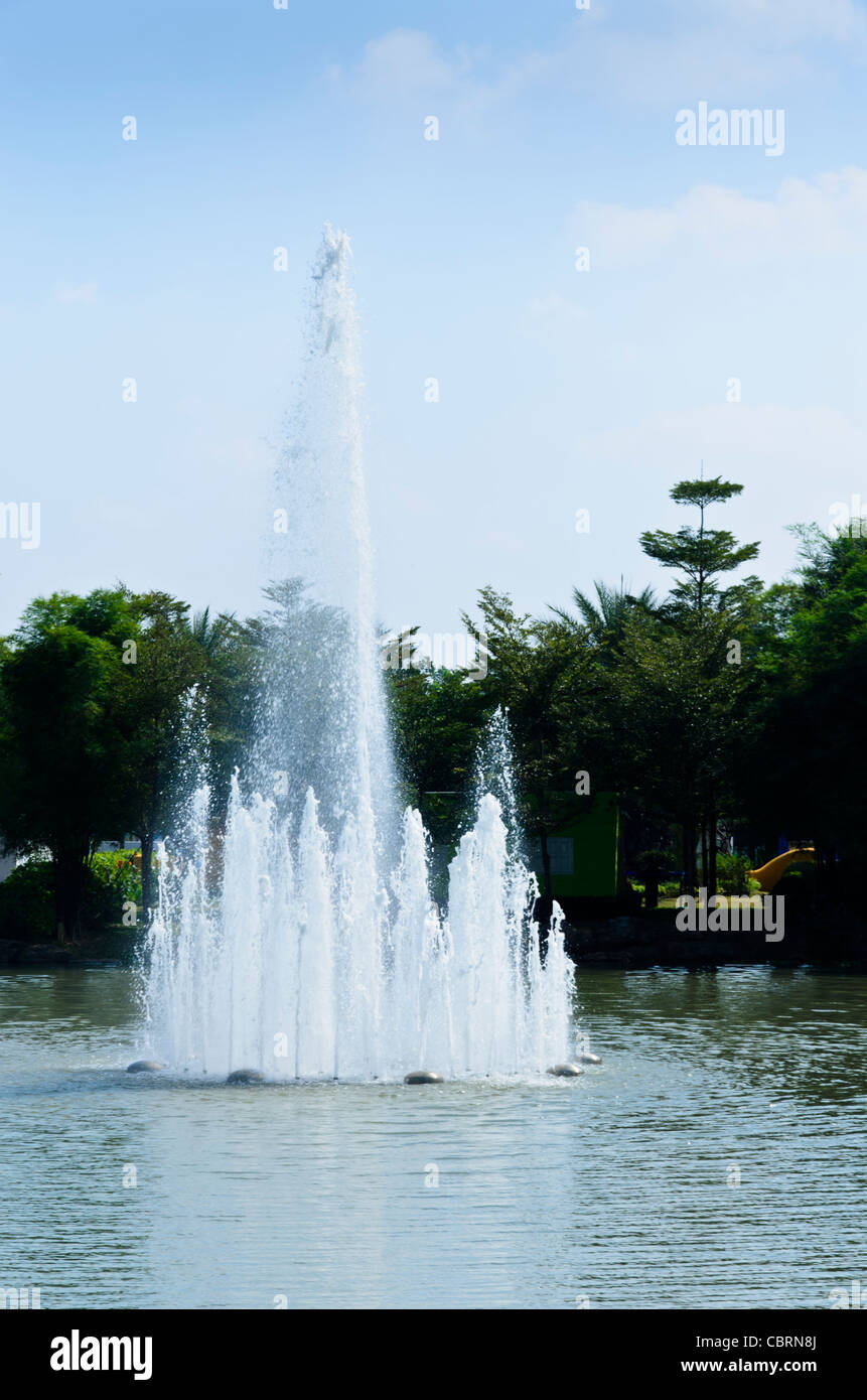Fontana di eiezione di acqua nel lago al Royal Flora Ratchaphruek in Chiang Mai Thailandia Foto Stock