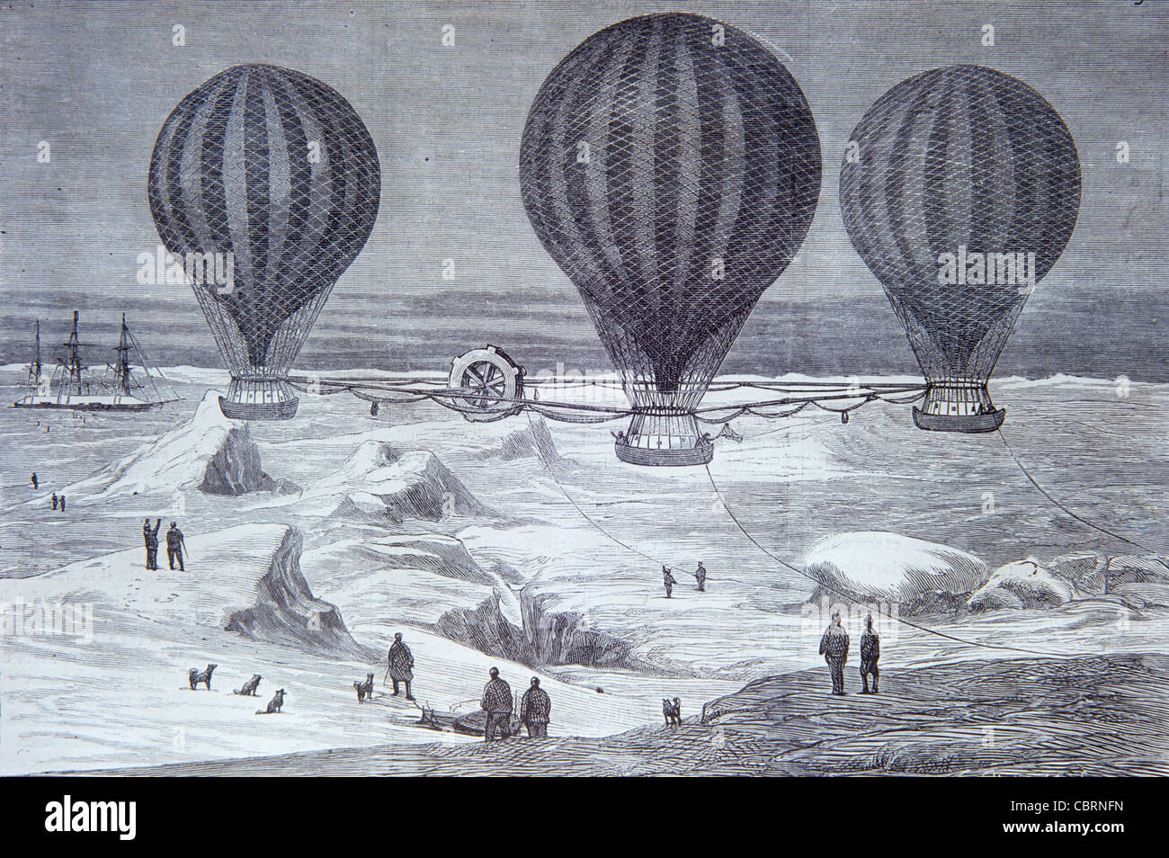 Gite in mongolfiera o in aereo per il Polo Nord, Artico. Progetto non realizzato del Comandante John Powles Cheyne 1877-78. Illustrazione o incisione vintage Foto Stock