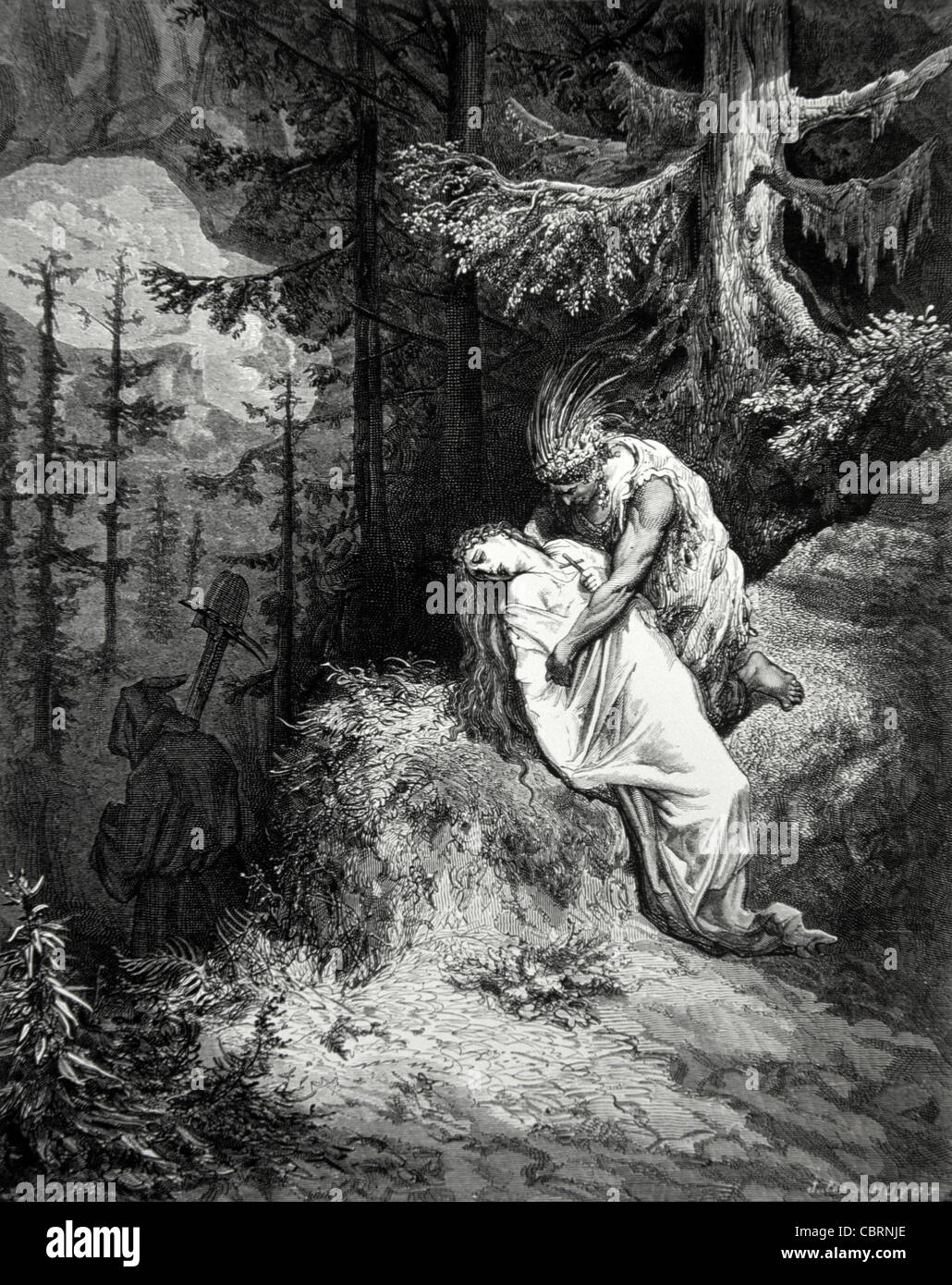 Morte e sepoltura di Atala, 'Atala', da parte del suo amante Natchez Chactas, una novella aka 'Les amours de deux sauvages dans le désert', di François-René de Chateaubriand (1801) incisione di Gustave Doré, 1863 Foto Stock