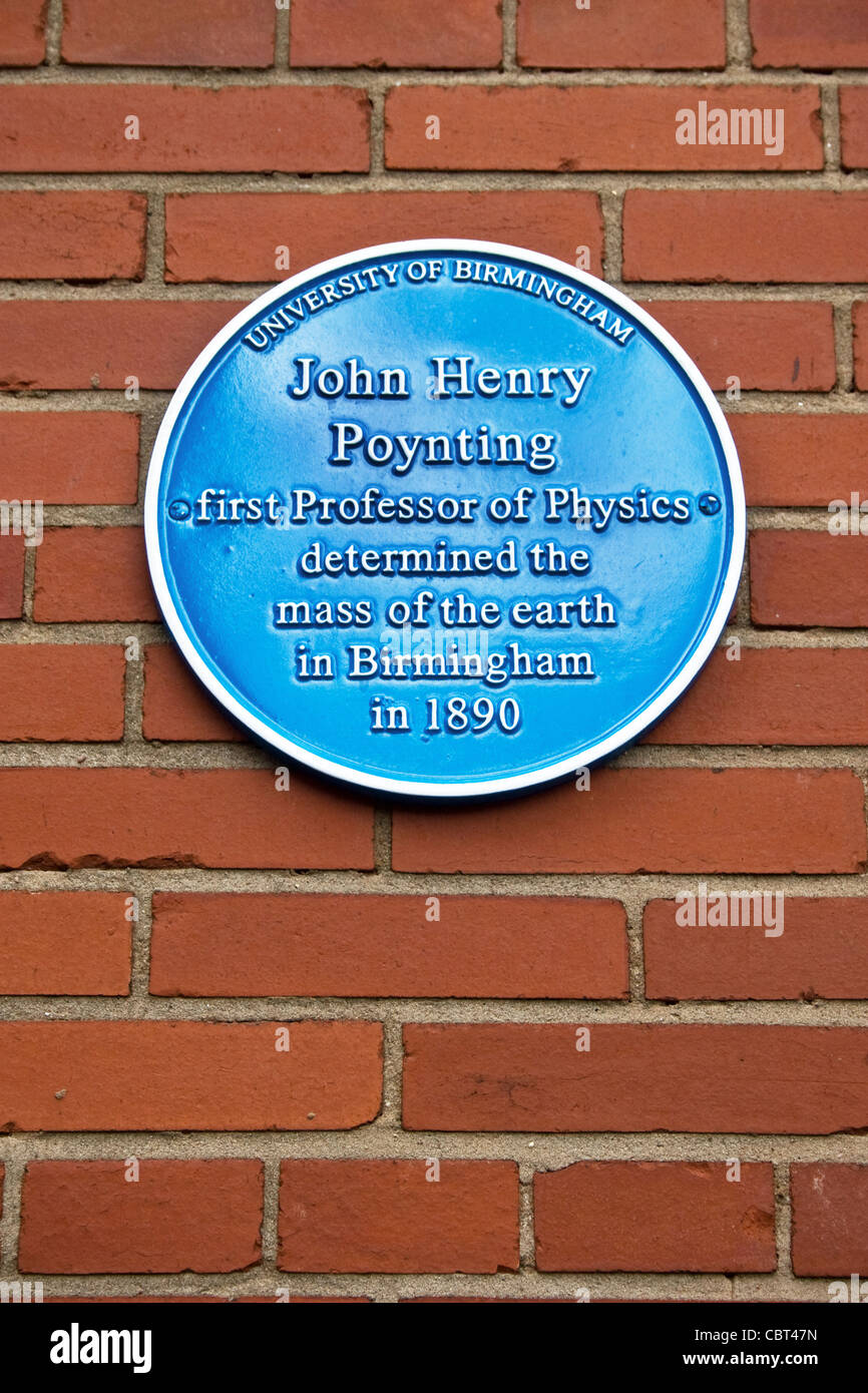 La placca per John Henry Poynting (fisico), Università di Birmingham, Birmingham, Inghilterra, Regno Unito Foto Stock