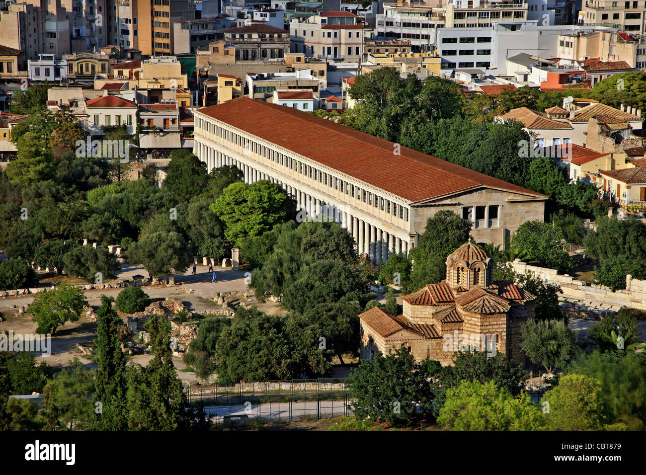 Panoramica, vista parziale di gran parte dell'Antica Agorà di Atene, Grecia Foto Stock