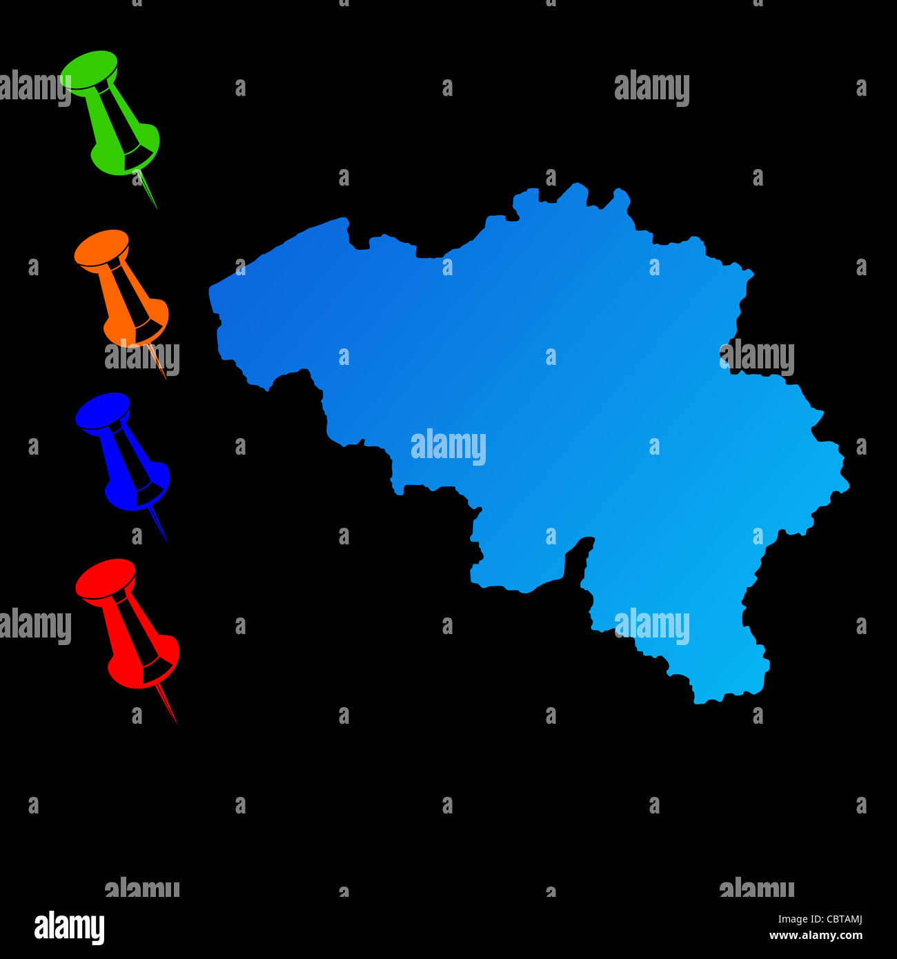 Belgio mappa di viaggio con perni di spinta su sfondo nero. Foto Stock