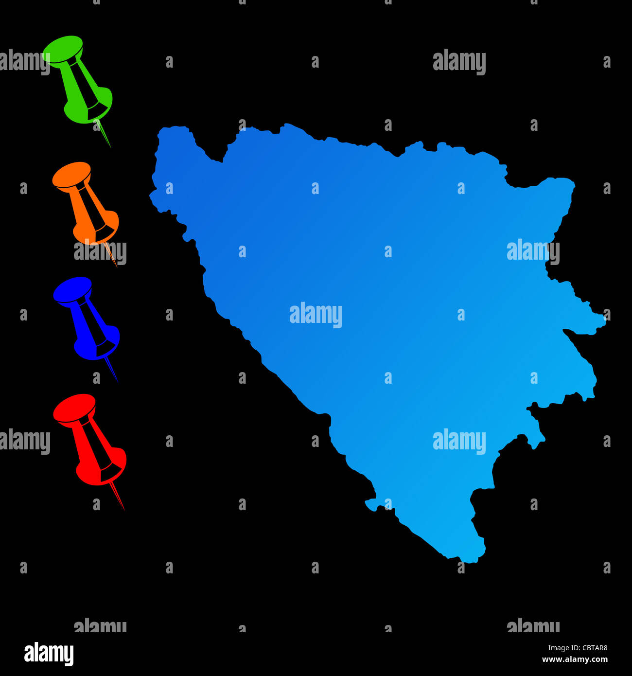 La Bosnia e Erzegovina mappa di viaggio con perni di spinta su sfondo nero. Foto Stock