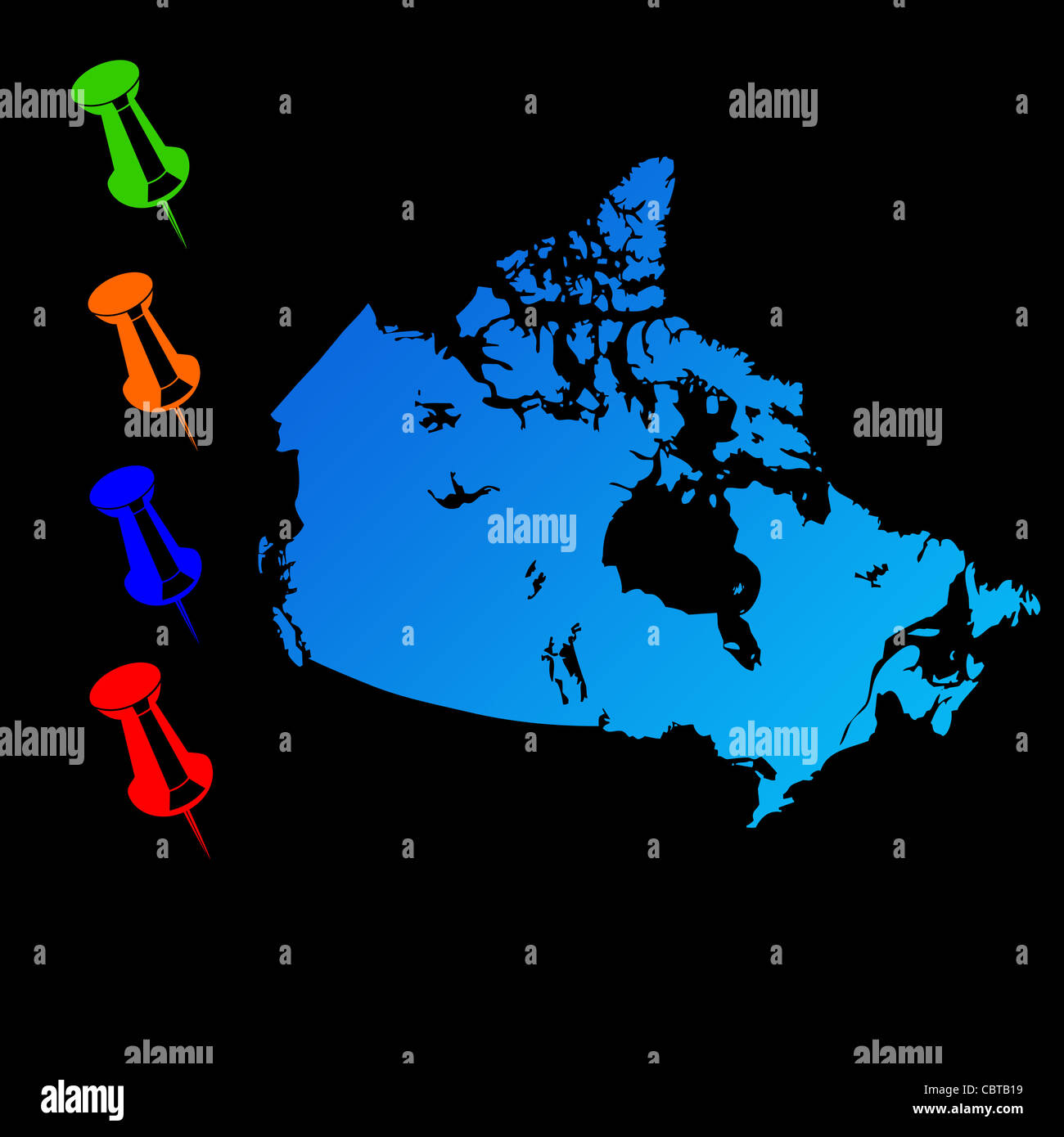 Canada mappa di viaggio con perni di spinta su sfondo nero. Foto Stock