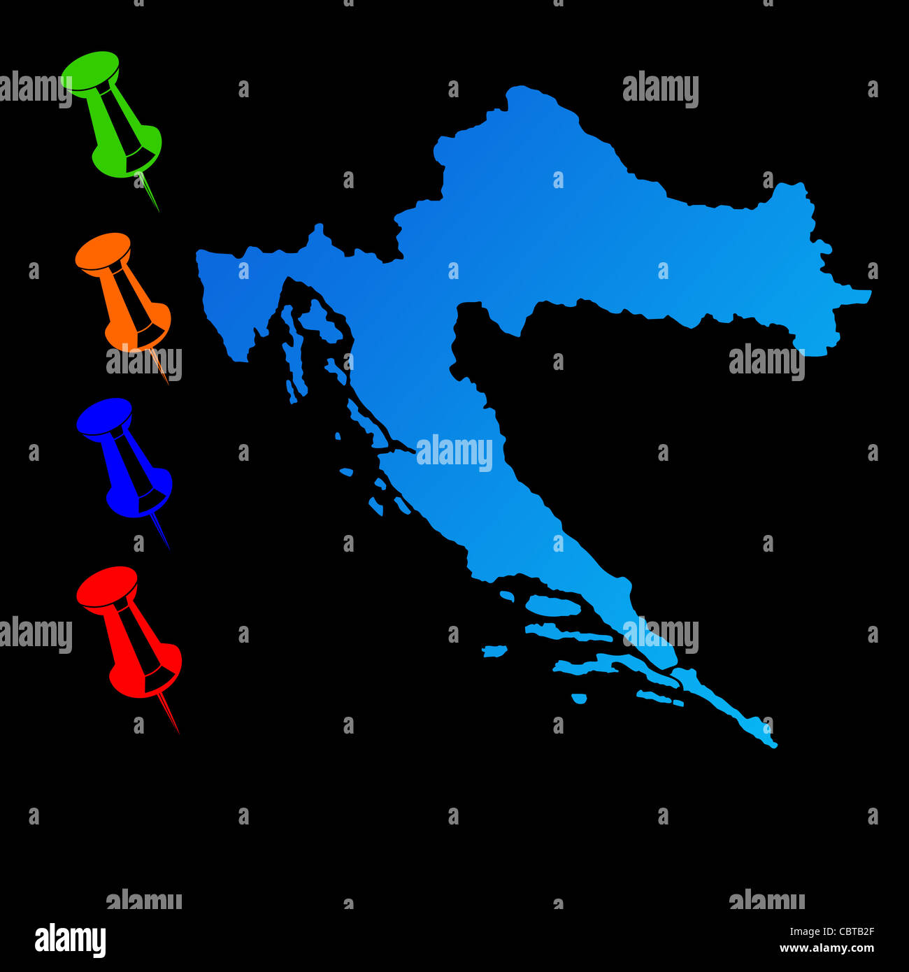Croazia mappa di viaggio con perni di spinta su sfondo nero. Foto Stock