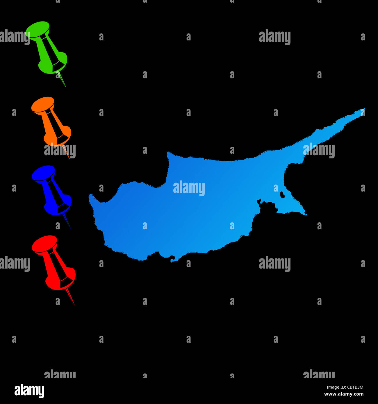 Cipro mappa di viaggio con perni di spinta su sfondo nero. Foto Stock