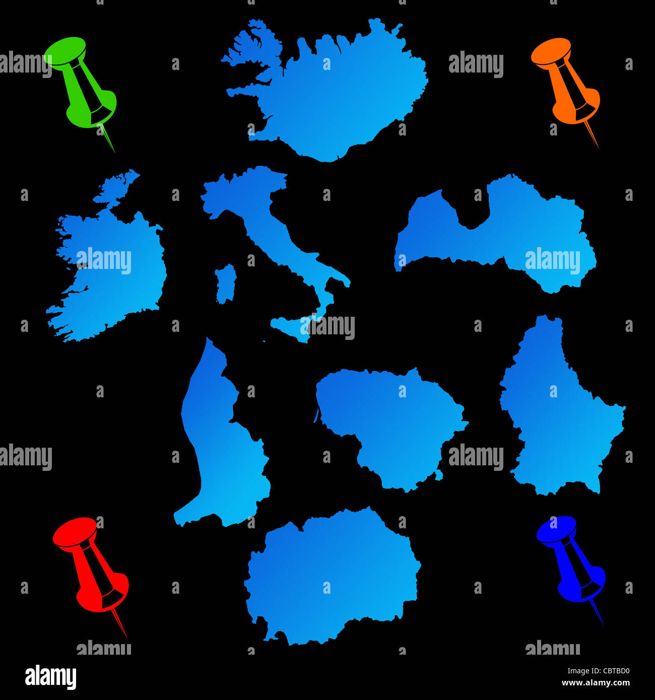 I paesi europei le mappe di viaggio con perni di spinta su sfondo nero. Foto Stock