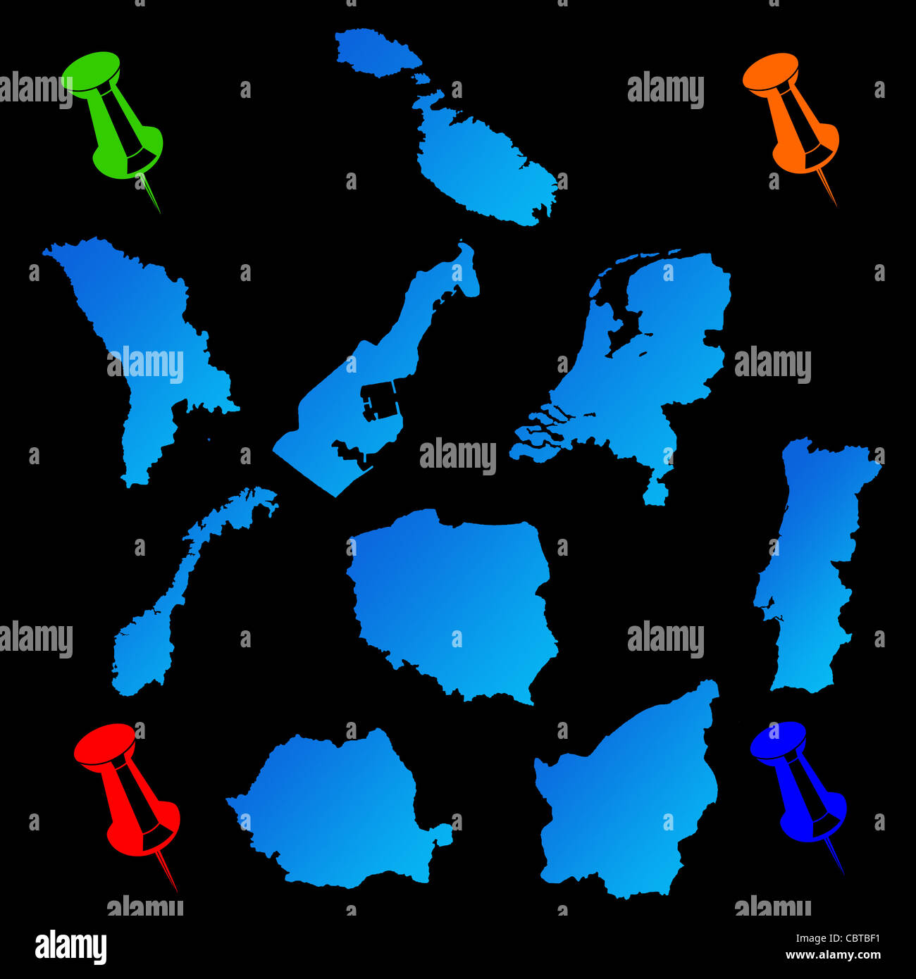 I paesi europei le mappe di viaggio con perni di spinta su sfondo nero. Foto Stock