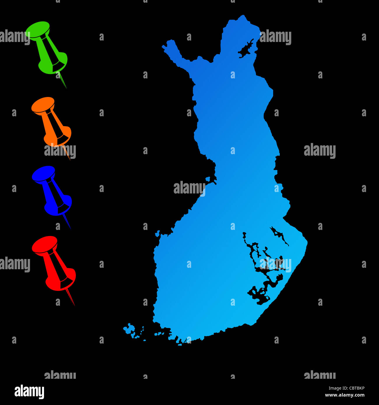 Finlandia mappa di viaggio con perni di spinta su sfondo nero. Foto Stock