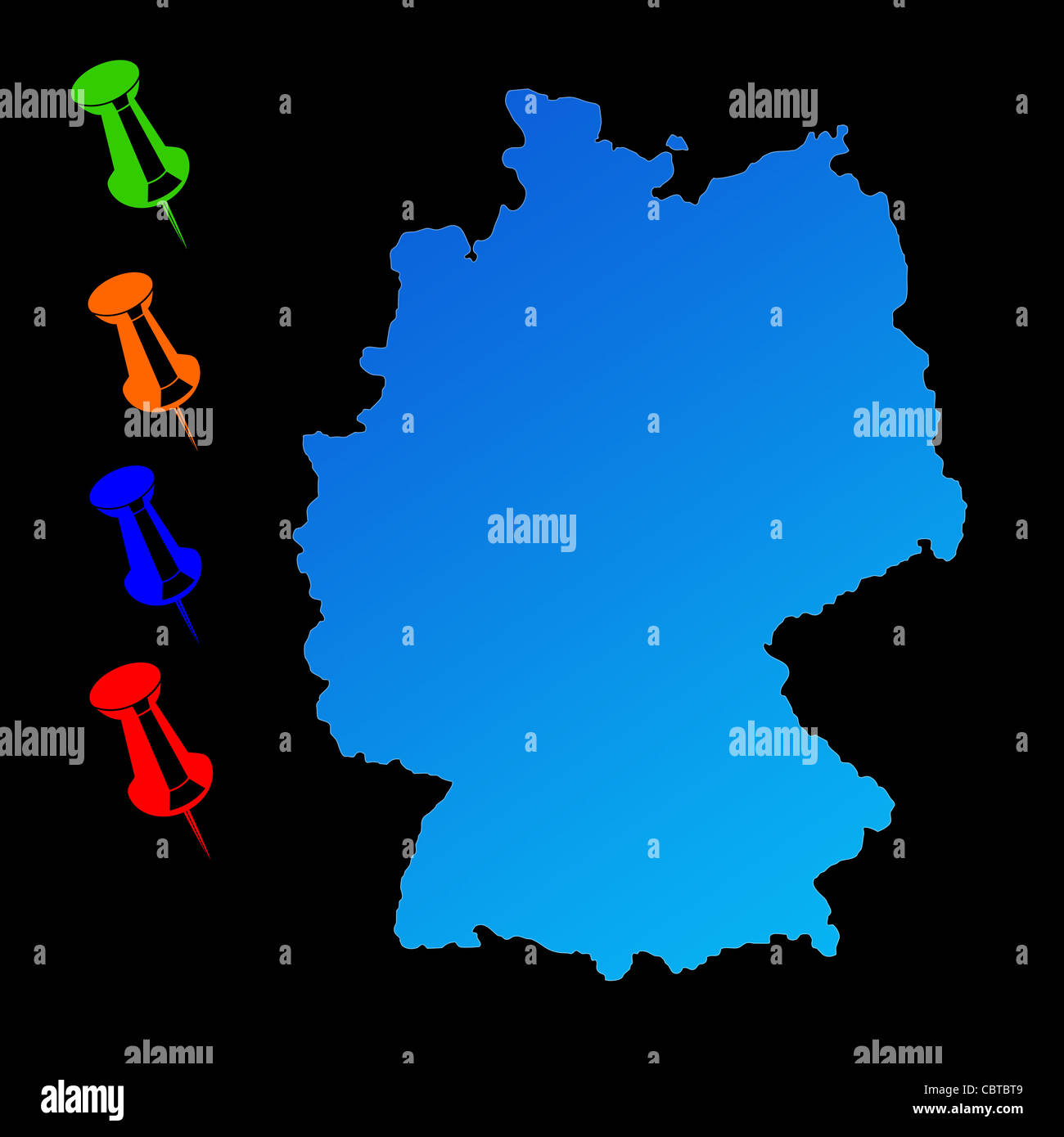 Germania mappa di viaggio con perni di spinta su sfondo nero. Foto Stock