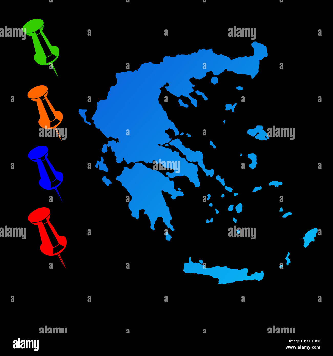 Grecia mappa di viaggio con perni di spinta su sfondo nero. Foto Stock