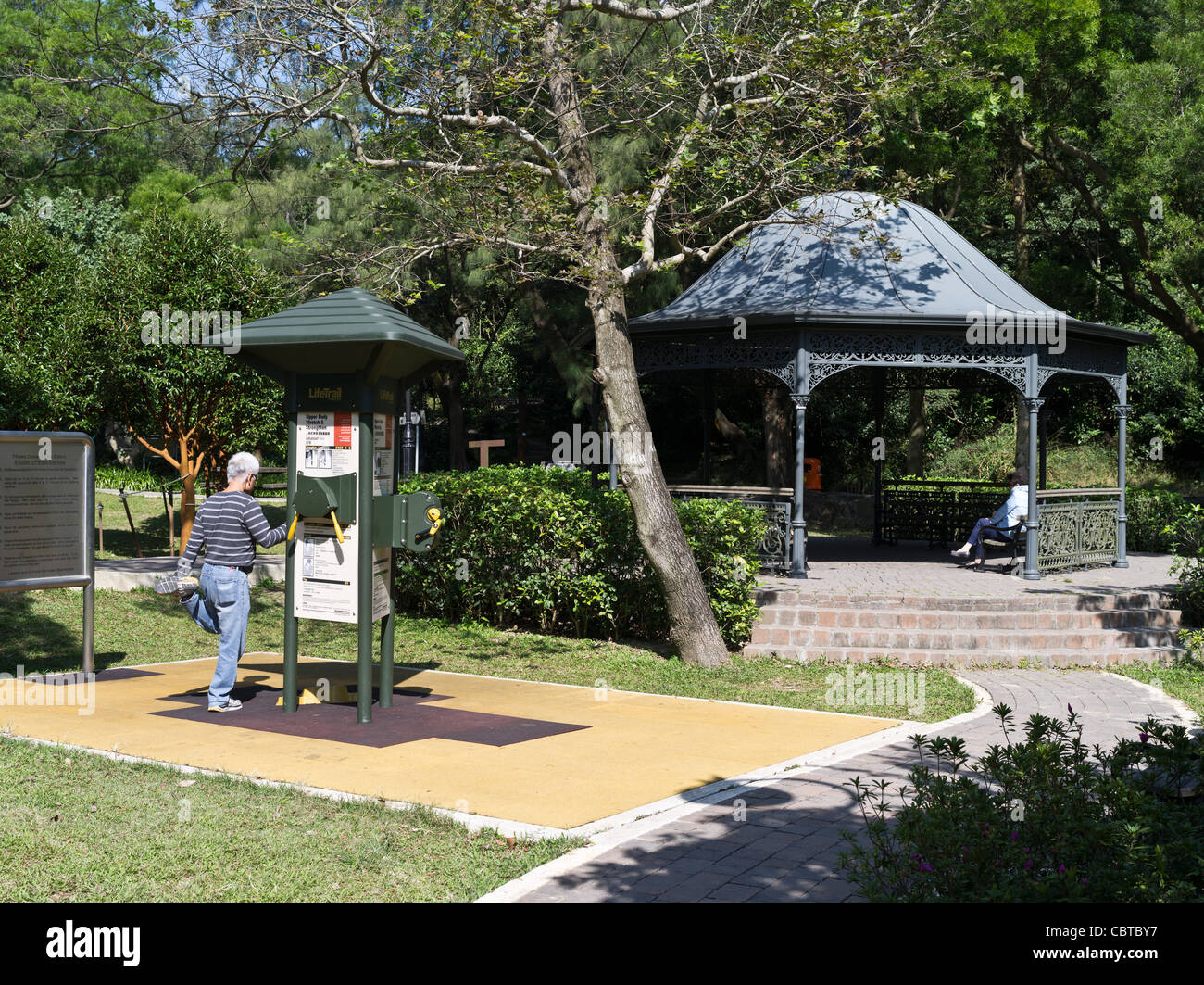 dh Pok fu Lam Country Park VICTORIA PEAK HONG KONG anziano uomo cinese che si esercita nell'area parco esercizi persone salute cina Foto Stock